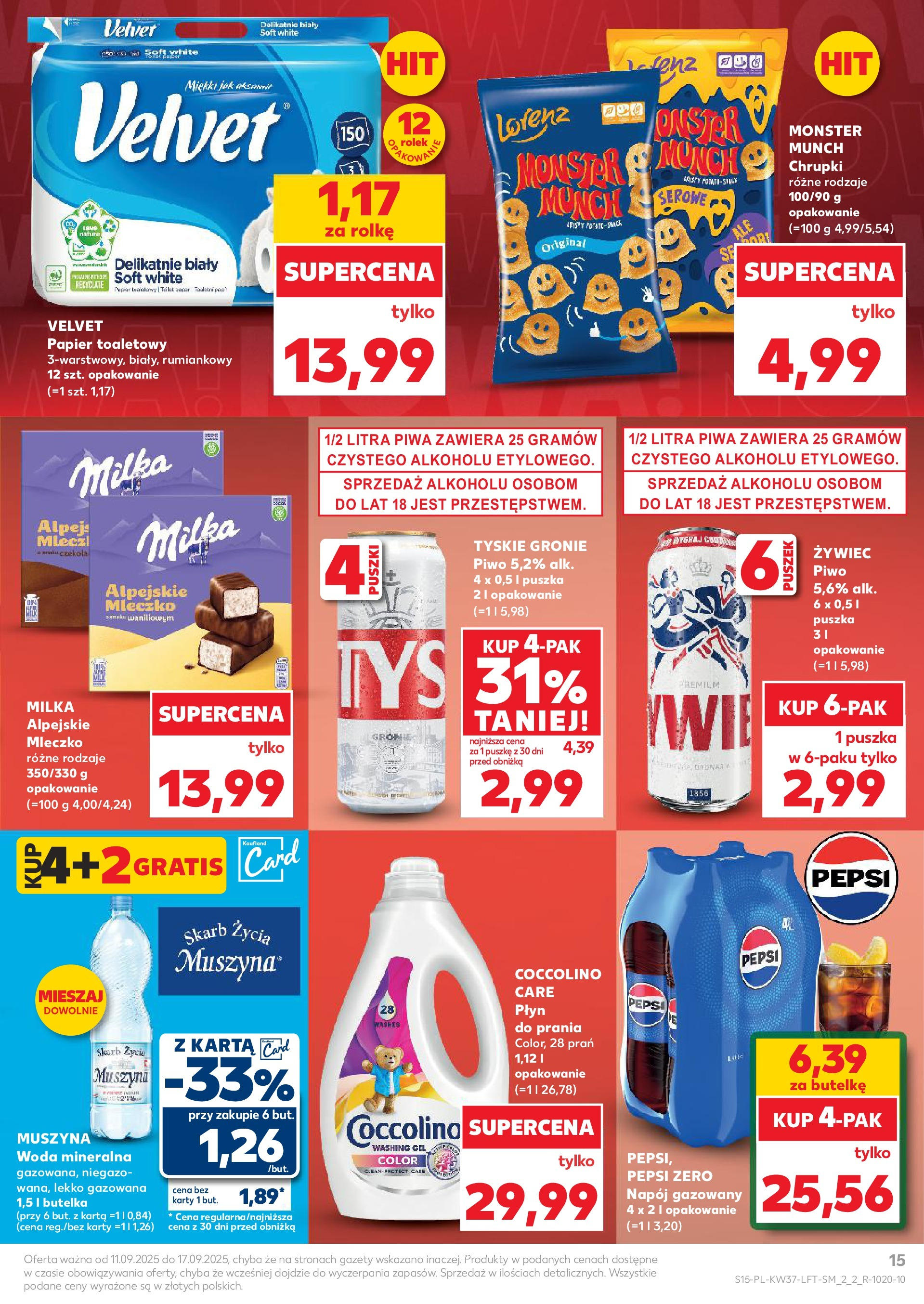 Kaufland gazetka od 11.09.2025 - od jutra PDF | Strona: 15 | Produkty: Papier toaletowy, Pepsi, Tyskie, Woda