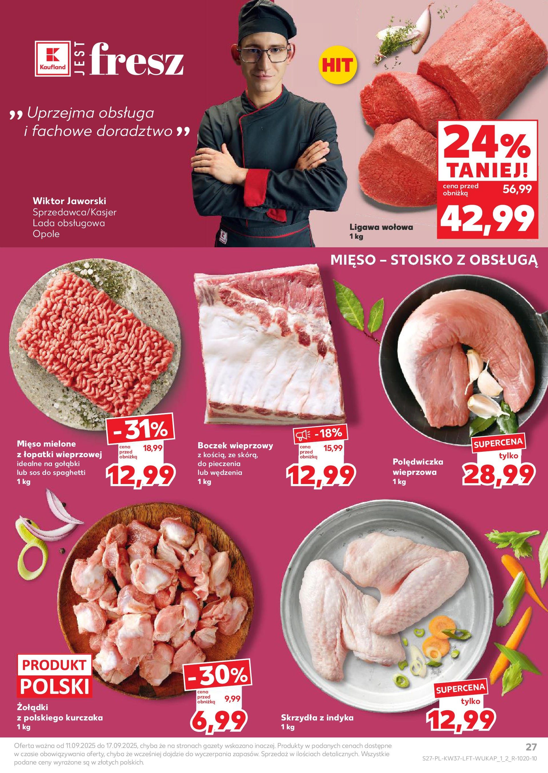 Kaufland gazetka od 11.09.2025 - od jutra PDF | Strona: 27 | Produkty: Mięso, Boczek wieprzowy, Boczek, Sos do spaghetti