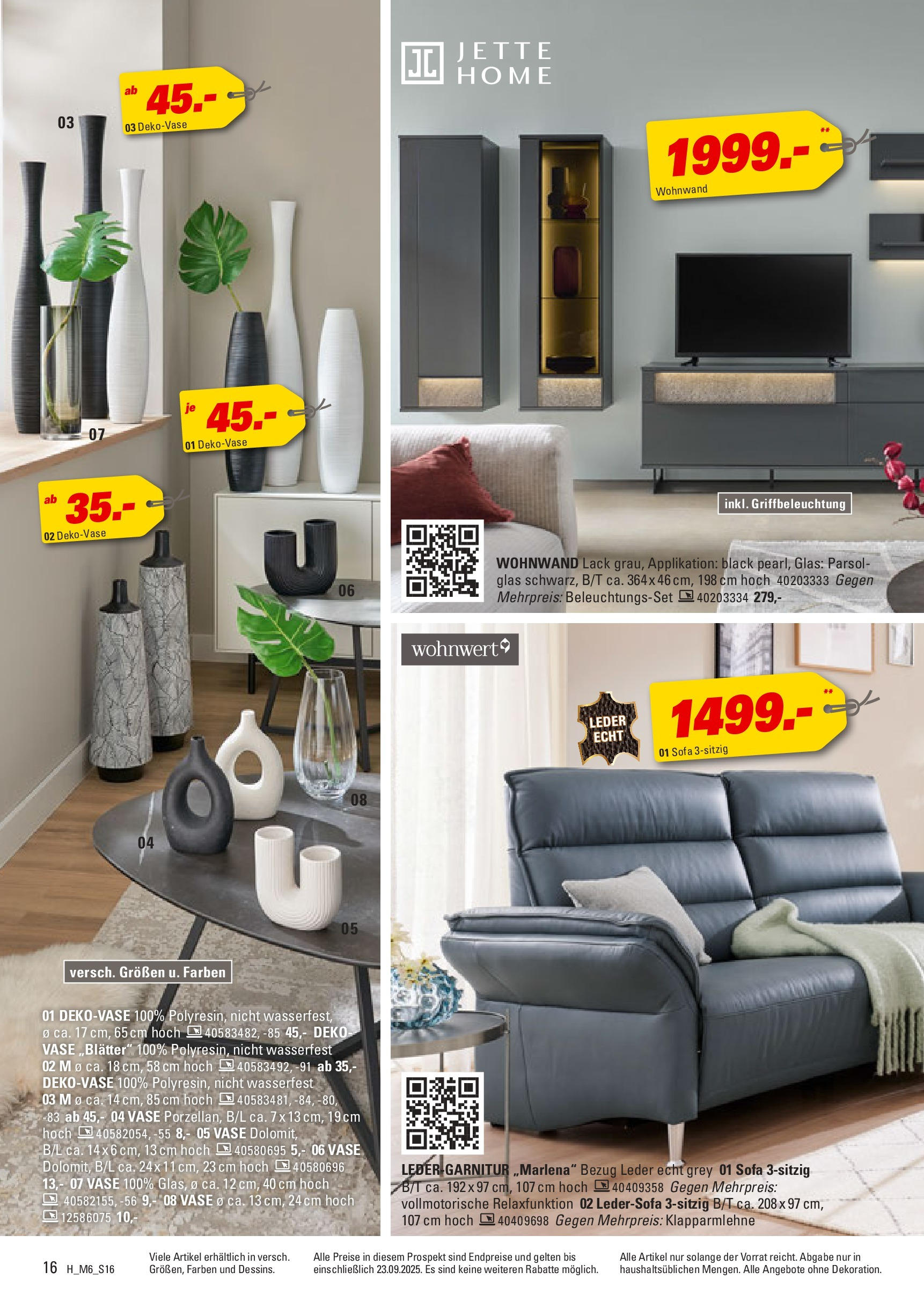 Höffner - Höffner: Möbelangebote (ab 09.09.2025) zum Blättern | Seite: 16 | Produkte: Ledersofa, Wohnwand, Sofa, Vase
