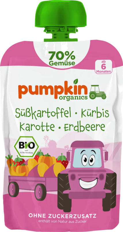 pumpkin organics Quetschie Süßkartoffel, Kürbis, Karotte & Erdbeere ab 6 Monaten