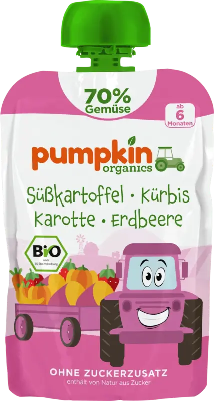 pumpkin organics Quetschie Süßkartoffel, Kürbis, Karotte & Erdbeere ab 6 Monaten