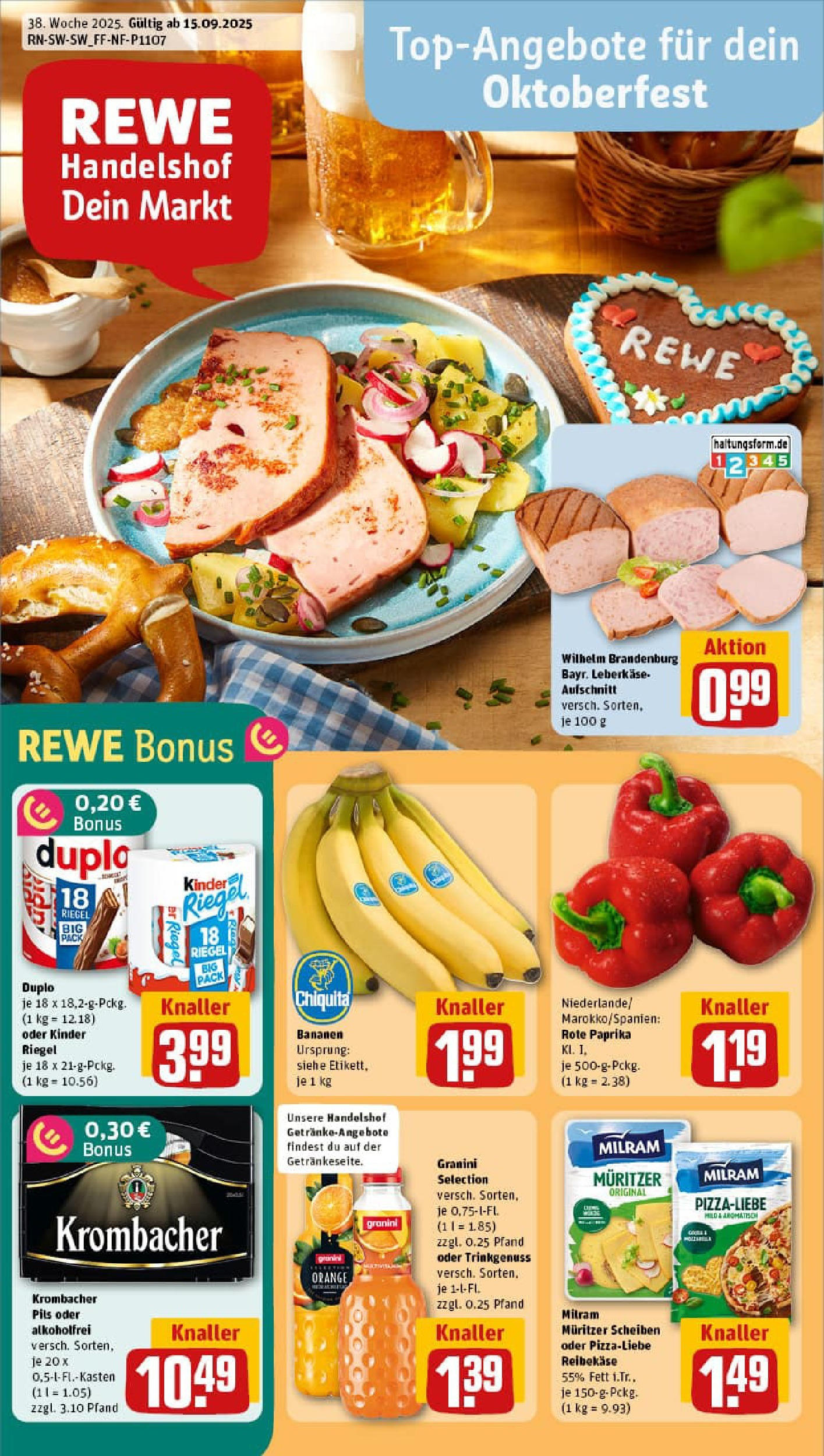 REWE Prospekt ab 14.09.2025 zum Blättern » Angebote | Seite: 1 | Produkte: Paprika, Milram, Reibekase, Leberkase REWE Prospekt ab 14.09.2025 zum Blättern » Angebote | Seite: 1 | Produkte: Paprika, Milram, Reibekase, Leberkase