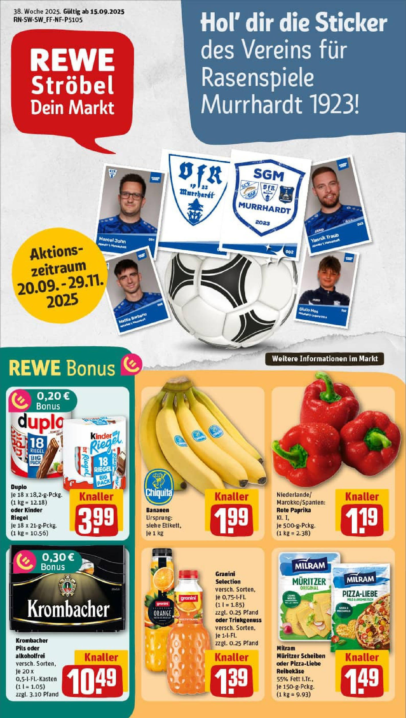 REWE Prospekt ab 14.09.2025 zum Blättern » Angebote | Seite: 1 | Produkte: Bananen, Granini, Krombacher, Reibekase
