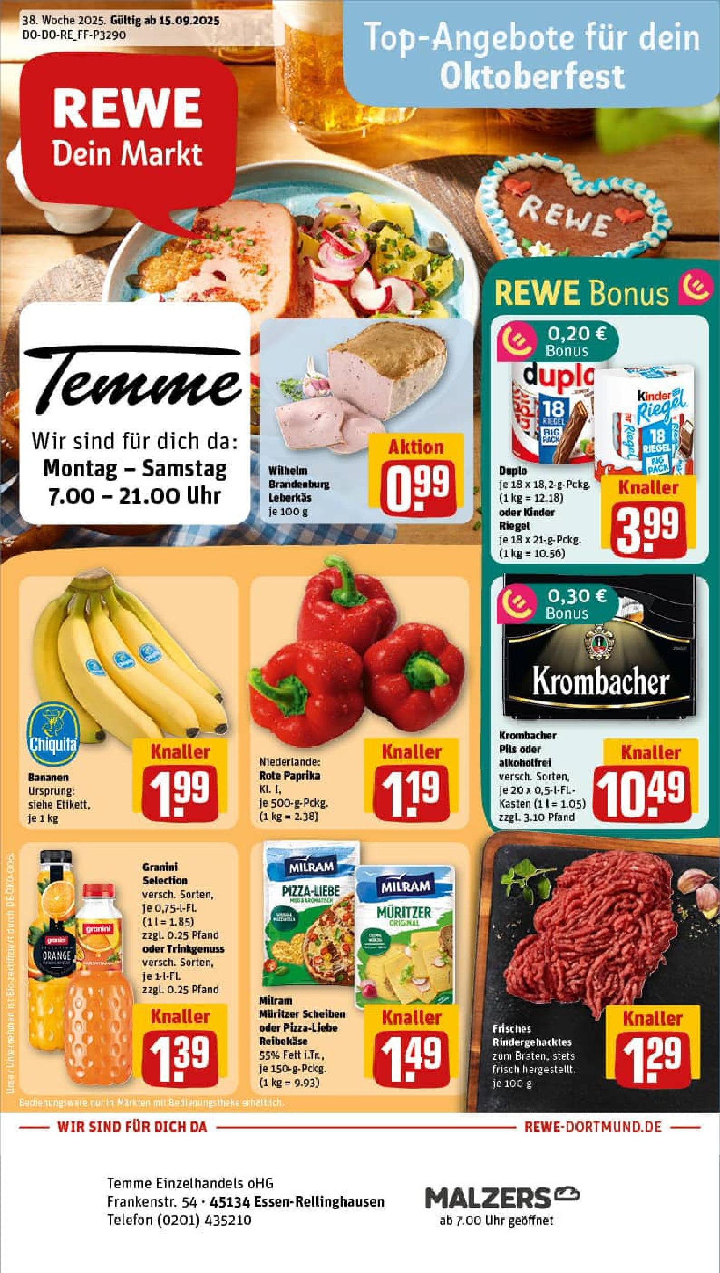 REWE Prospekt ab 14.09.2025 zum Blättern » Angebote | Seite: 1 | Produkte: Kinder riegel, Paprika, Krombacher, Uhr REWE Prospekt ab 14.09.2025 zum Blättern » Angebote | Seite: 1 | Produkte: Kinder riegel, Paprika, Krombacher, Uhr