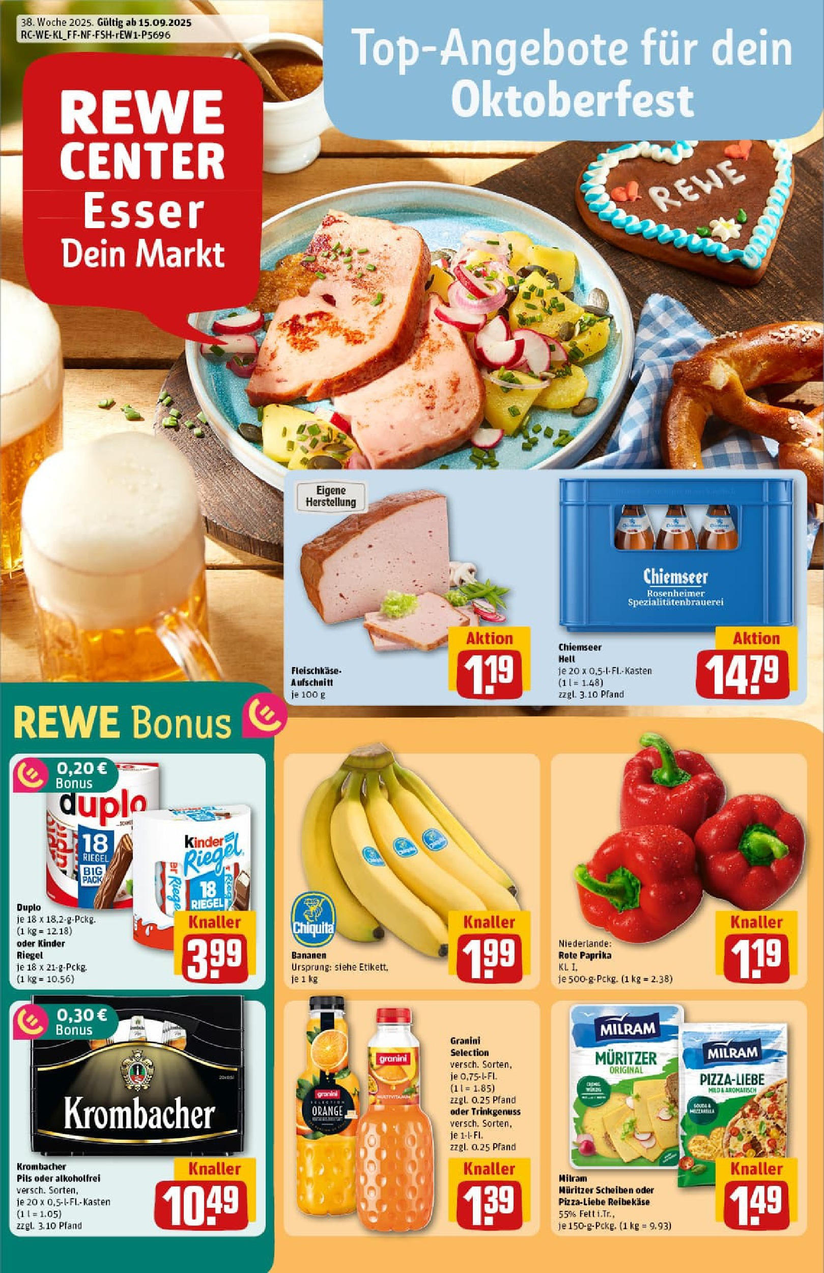 REWE Prospekt ab 14.09.2025 zum Blättern » Angebote | Seite: 1 | Produkte: Kinder riegel, Paprika, Milram, Duplo riegel REWE Prospekt ab 14.09.2025 zum Blättern » Angebote | Seite: 1 | Produkte: Kinder riegel, Paprika, Milram, Duplo riegel