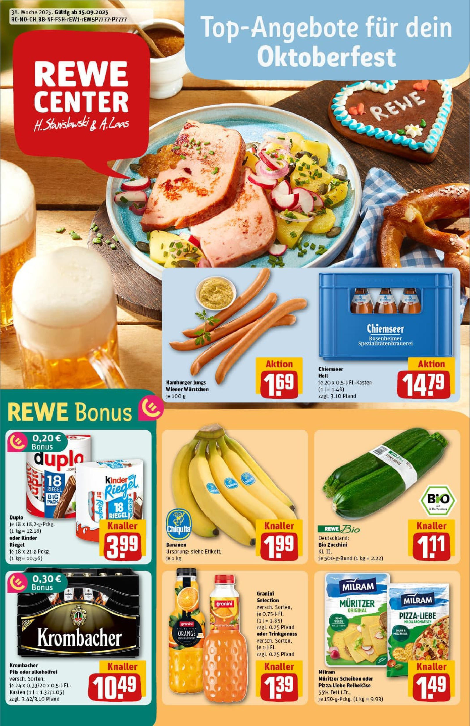 REWE Prospekt ab 14.09.2025 zum Blättern » Angebote | Seite: 1 | Produkte: Wiener wurstchen, Pils, Kinder riegel, Granini