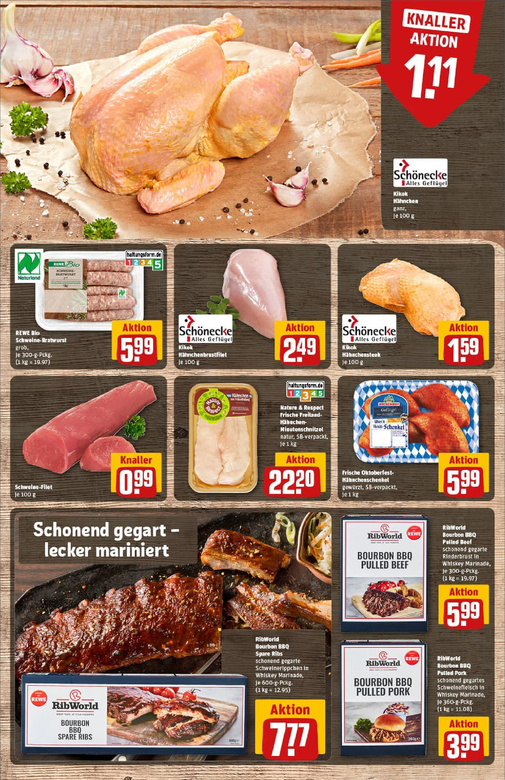 REWE Prospekt ab 14.09.2025 zum Blättern » Angebote | Seite: 9 | Produkte: Hahnchenschenkel, Spare ribs, Steak, Bourbon