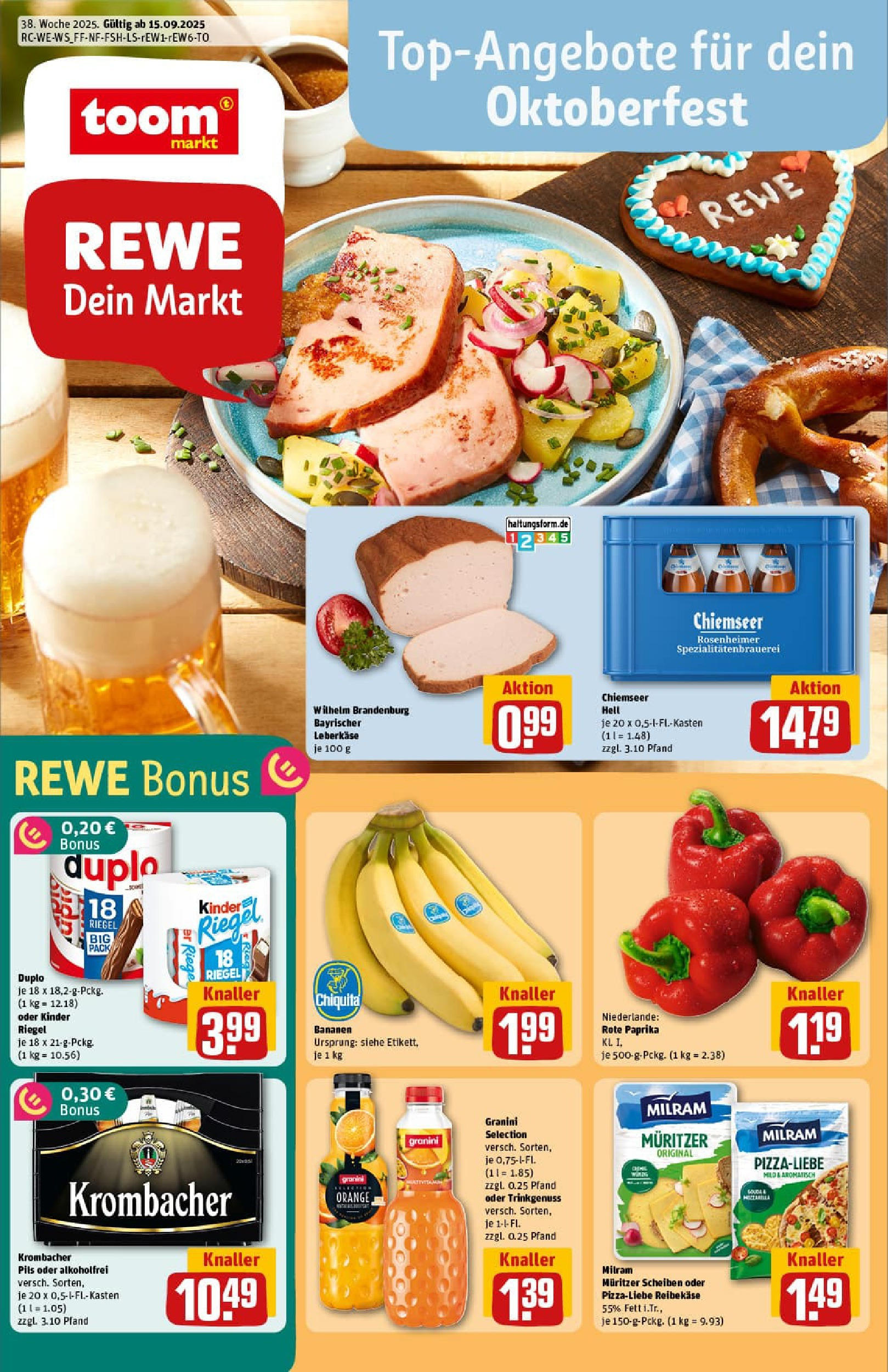 REWE Prospekt ab 14.09.2025 zum Blättern » Angebote | Seite: 1 | Produkte: Pils, Bananen, Granini, Krombacher