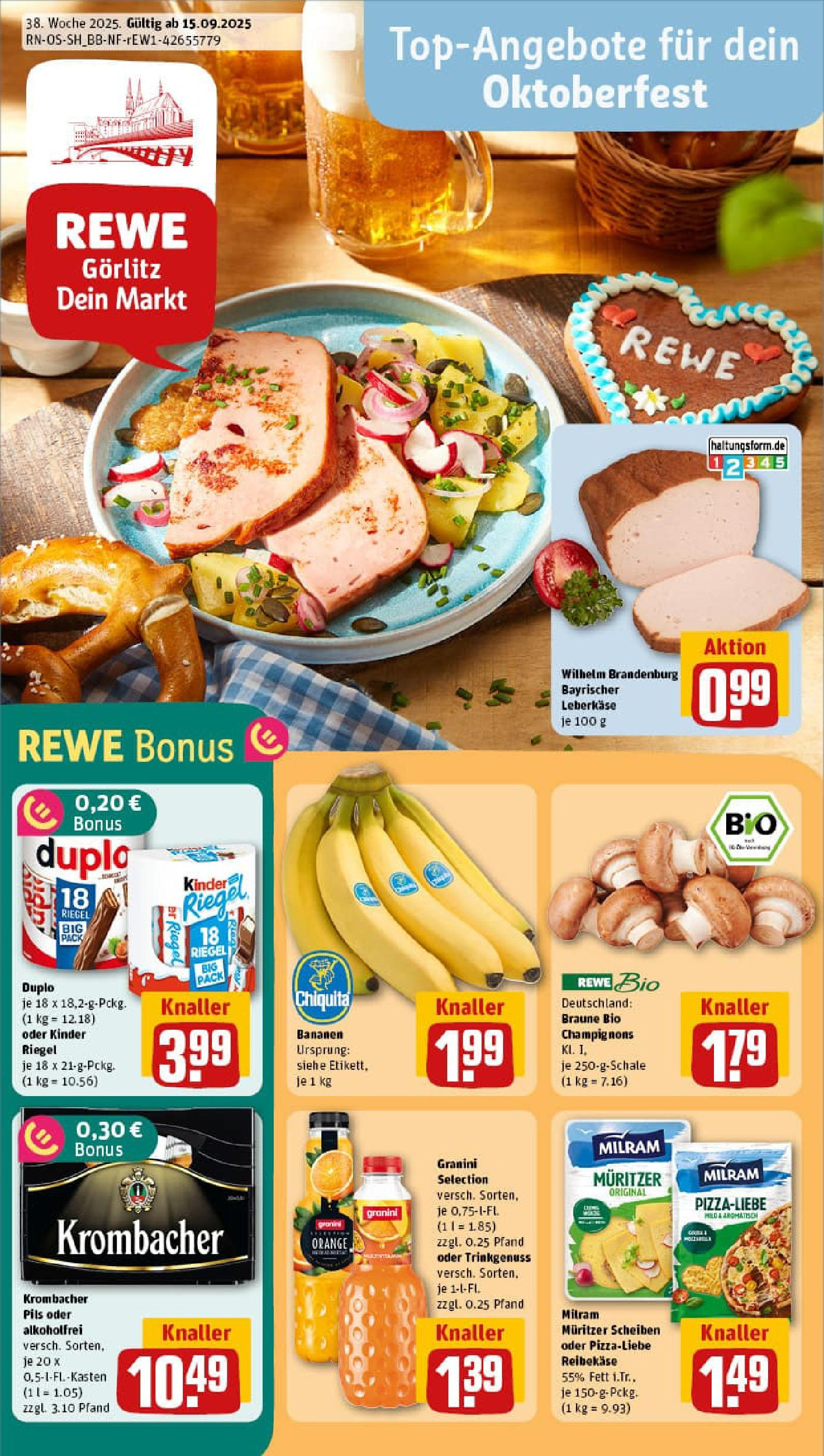 REWE Prospekt ab 14.09.2025 zum Blättern » Angebote | Seite: 1 | Produkte: Pils, Kinder riegel, Champignons, Leberkase REWE Prospekt ab 14.09.2025 zum Blättern » Angebote | Seite: 1 | Produkte: Pils, Kinder riegel, Champignons, Leberkase