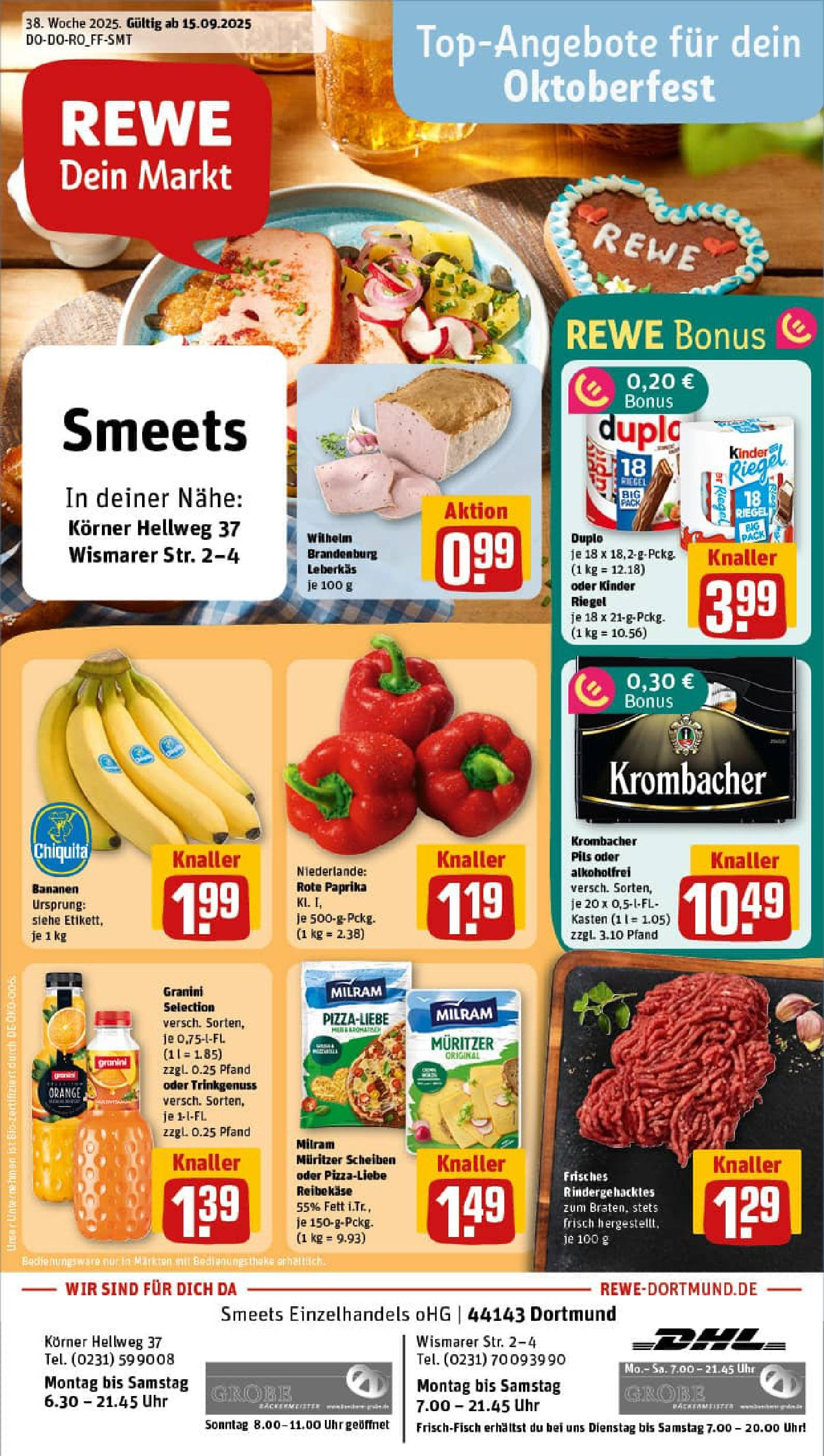REWE Prospekt ab 14.09.2025 zum Blättern » Angebote | Seite: 1 | Produkte: Pils, Paprika, Reibekase, Uhr