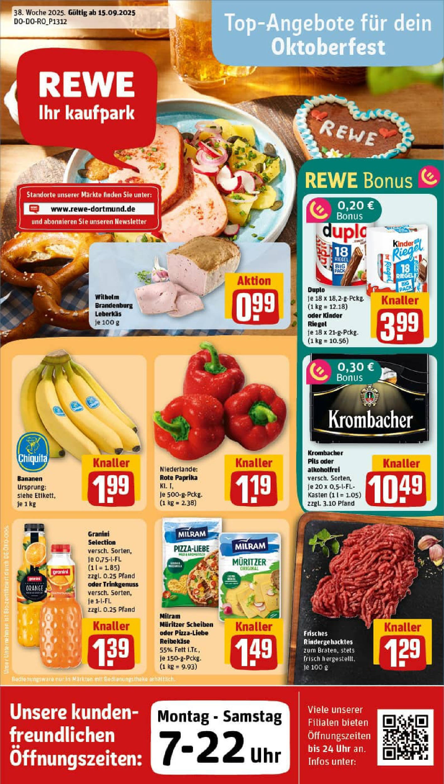 REWE Prospekt ab 14.09.2025 zum Blättern » Angebote | Seite: 1 | Produkte: Pils, Milram, Reibekase, Uhr