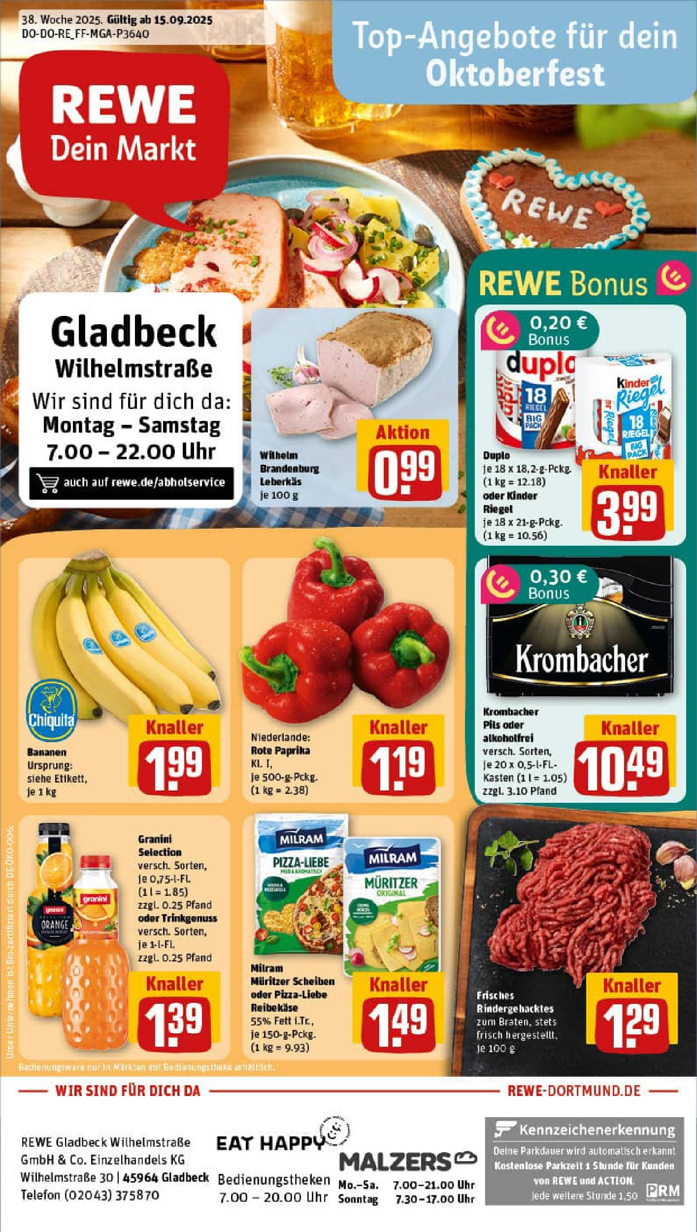 REWE Prospekt ab 14.09.2025 zum Blättern » Angebote | Seite: 1 | Produkte: Bananen, Kinder riegel, Granini, Telefon