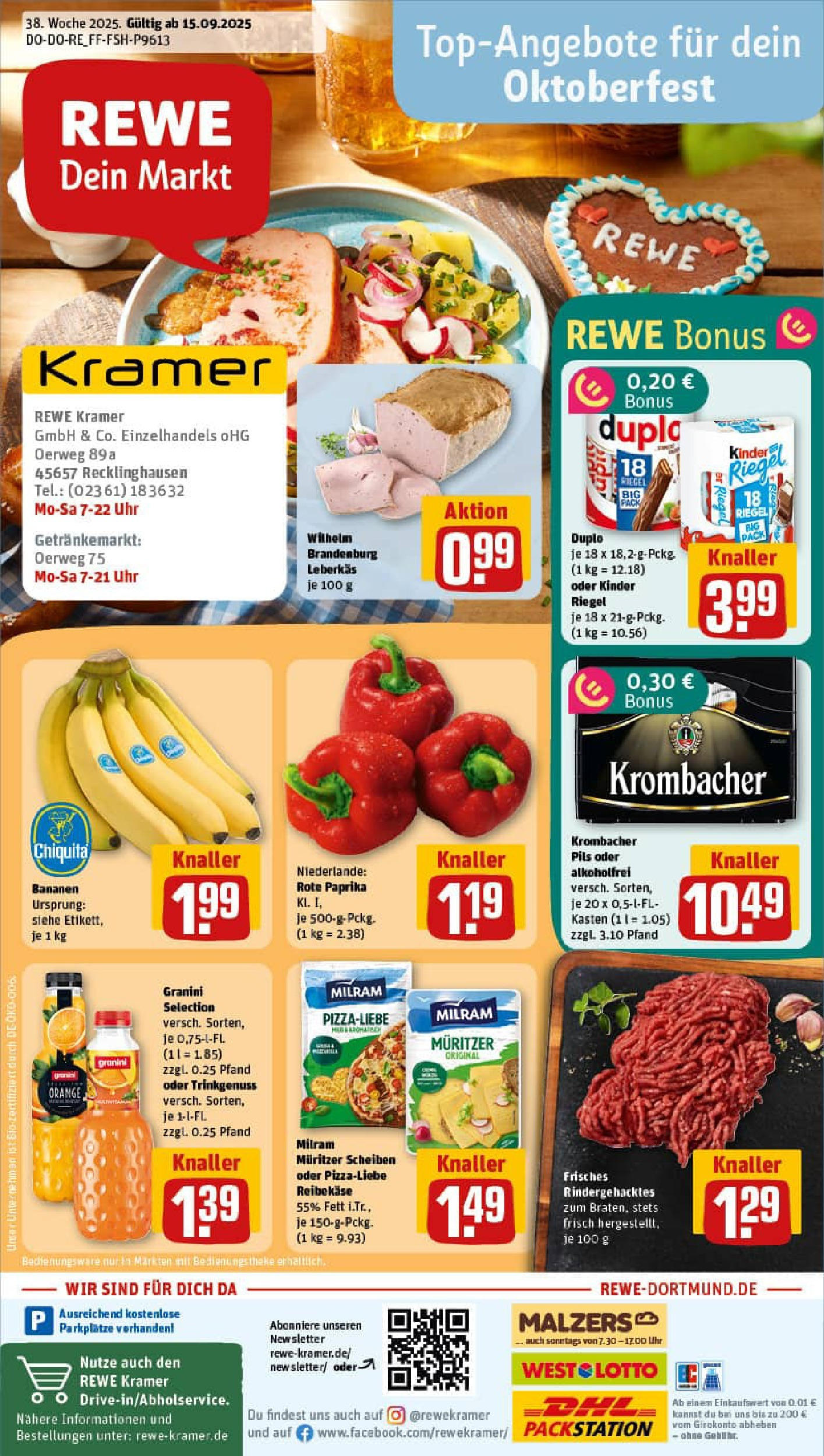 REWE Prospekt ab 14.09.2025 zum Blättern » Angebote | Seite: 1 | Produkte: Bananen, Kinder riegel, Milram, Uhr