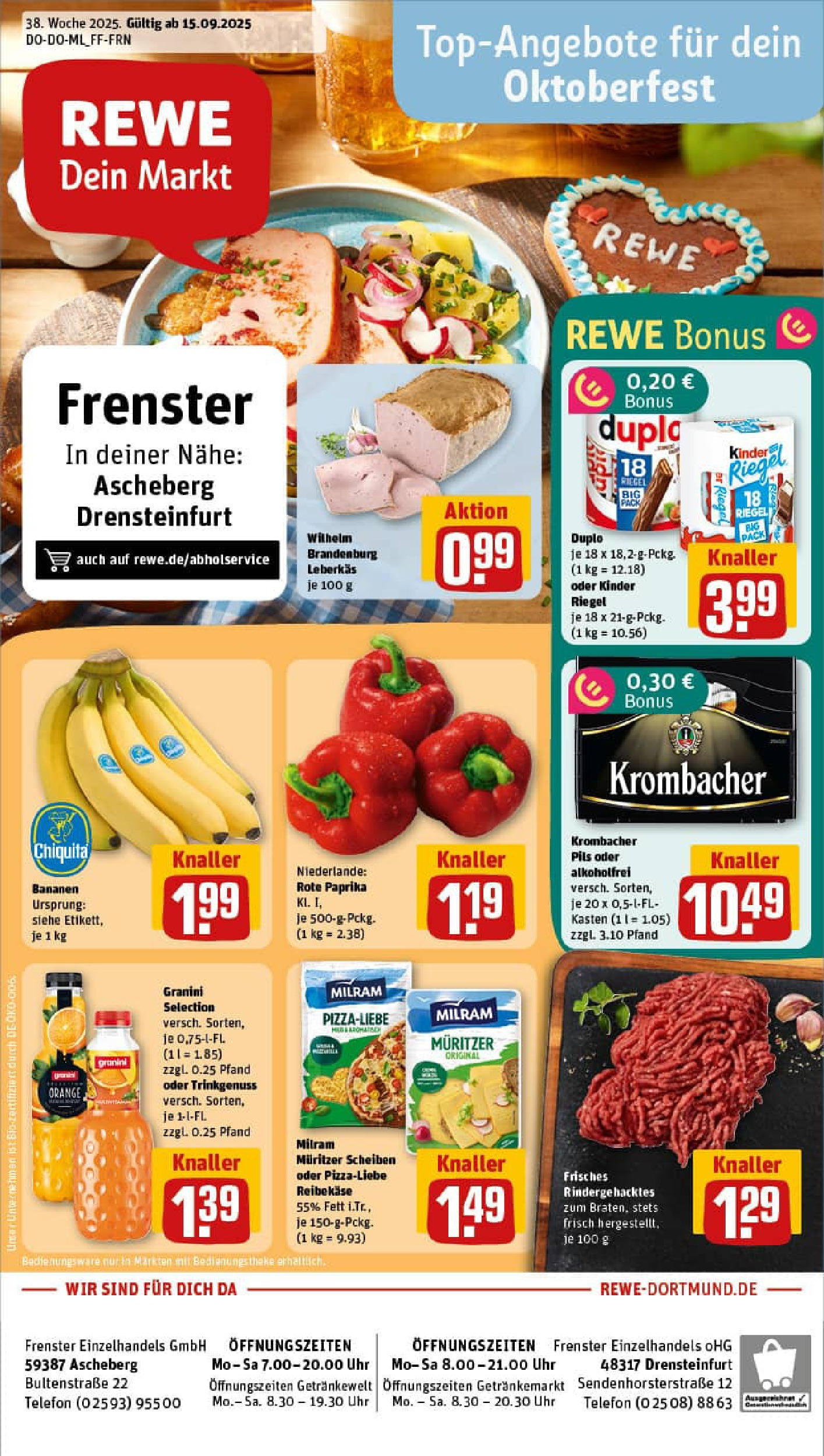 REWE Prospekt ab 14.09.2025 zum Blättern » Angebote | Seite: 1 | Produkte: Pils, Bananen, Paprika, Krombacher