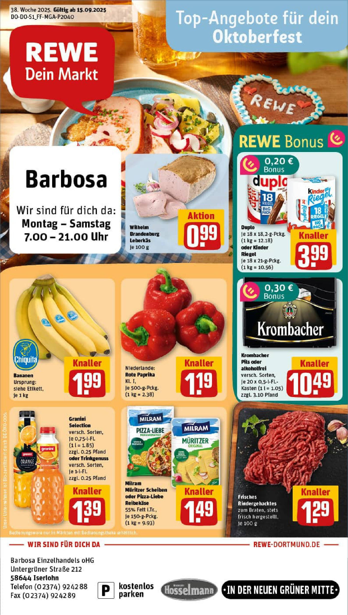 REWE Prospekt ab 14.09.2025 zum Blättern » Angebote | Seite: 1 | Produkte: Pils, Kinder riegel, Paprika, Granini