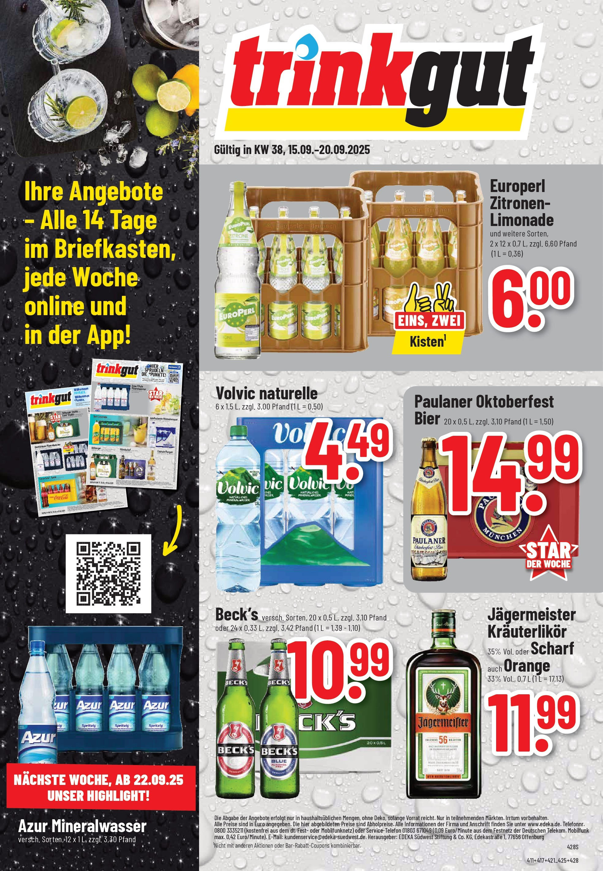Trinkgut - trinkgut: Wochenangebote (ab 14.09.2025) » Angebote online | Seite: 1 | Produkte: Mineralwasser, Jägermeister, Paulaner, Zitronen