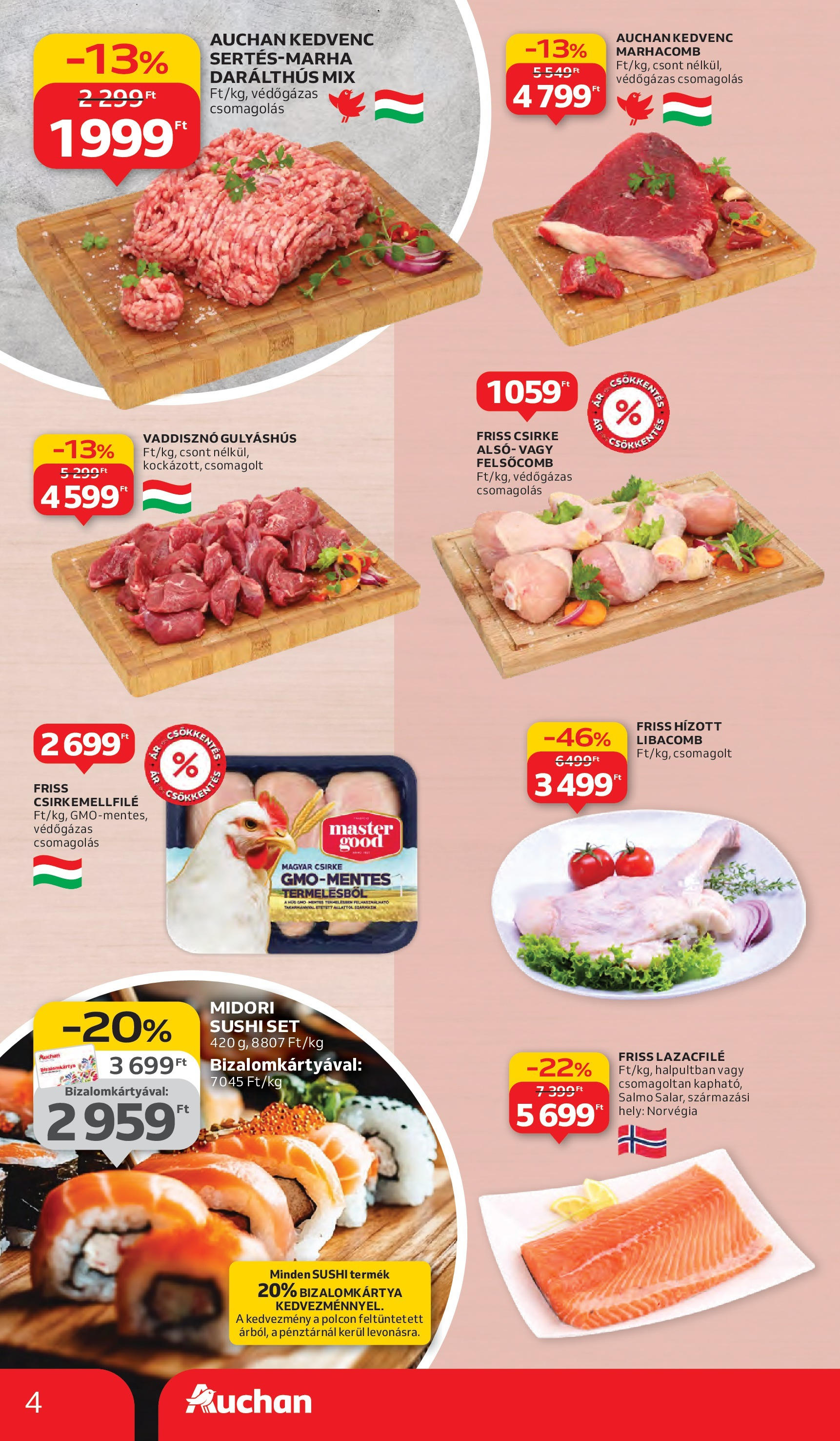 Auchan - Auchan újság érvényessége 09.17.-ig - 2025.09.10. -tól/töl > akció, lapozható szórólap 🛍️ | Oldal: 4 | Termékek: Libacomb, Lazacfilé, Sushi, Marhacomb