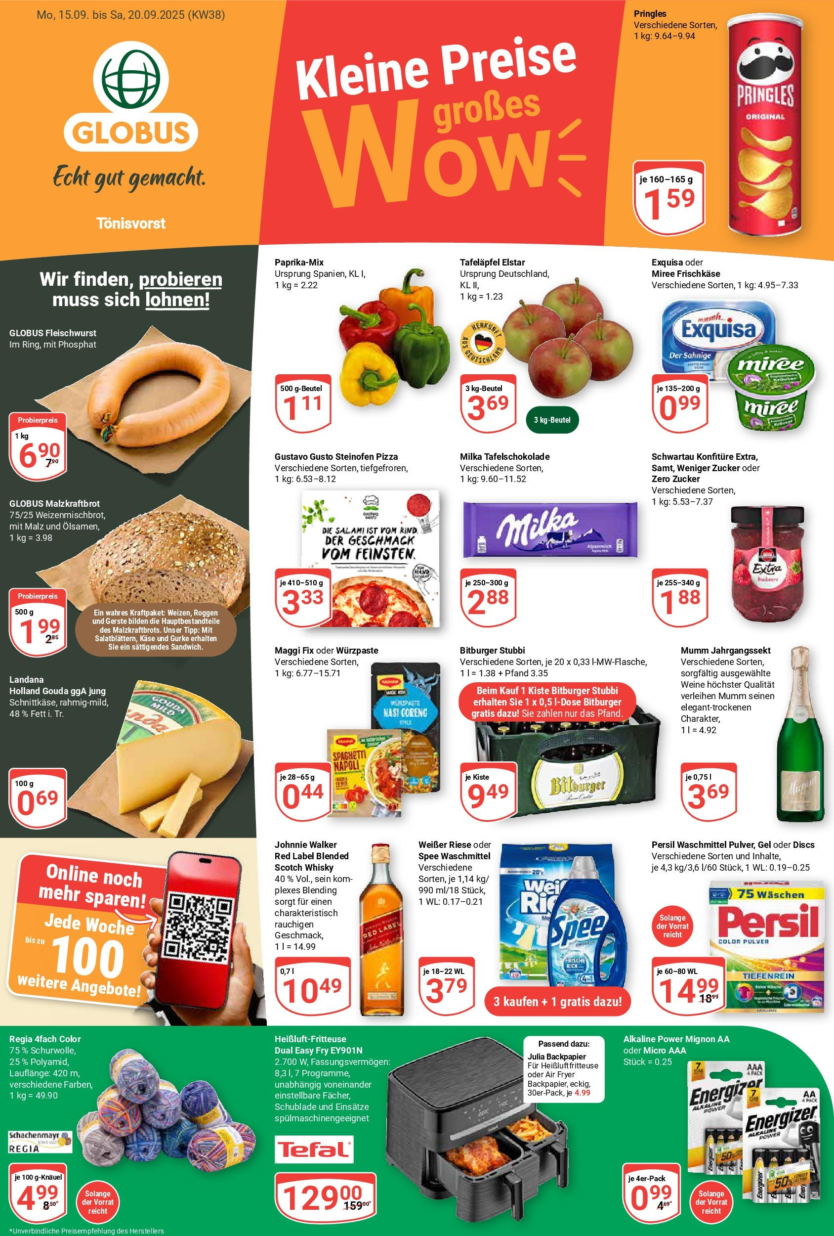 Globus prospekt Tönisvorst	 (ab 14.09.2025) » Angebote online | Seite: 1 | Produkte: Milka, Pringles, Heißluftfritteuse, Johnnie walker
