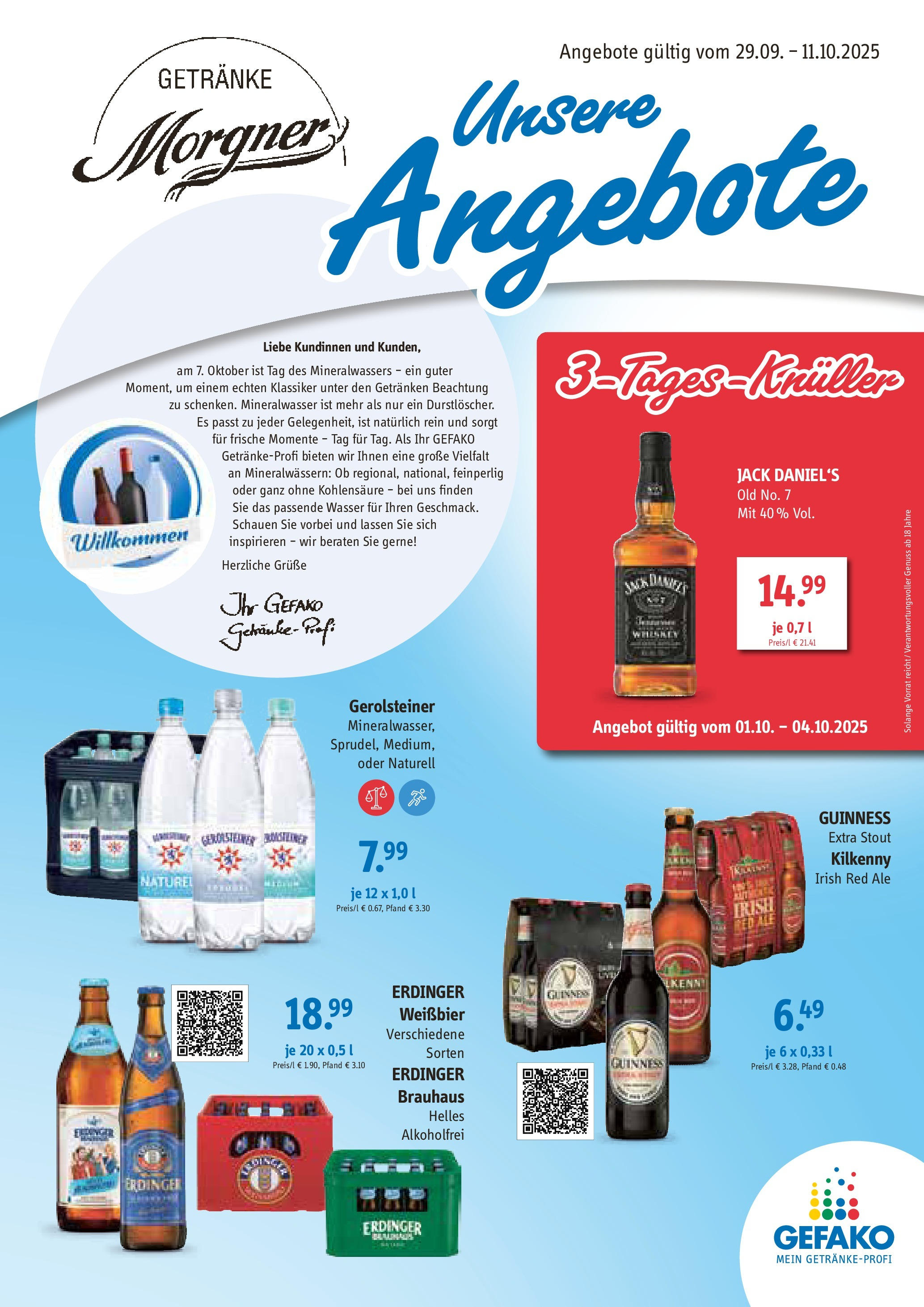 Entdecke - Getränke Morgner: Angebote (ab 28.09.2025) zum Blättern | Seite: 1 | Produkte: Erdinger, Weißbier, Mineralwasser, Gerolsteiner