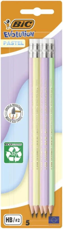 Set 5 creioane grafit cu radiera BIC Evolution Pastel