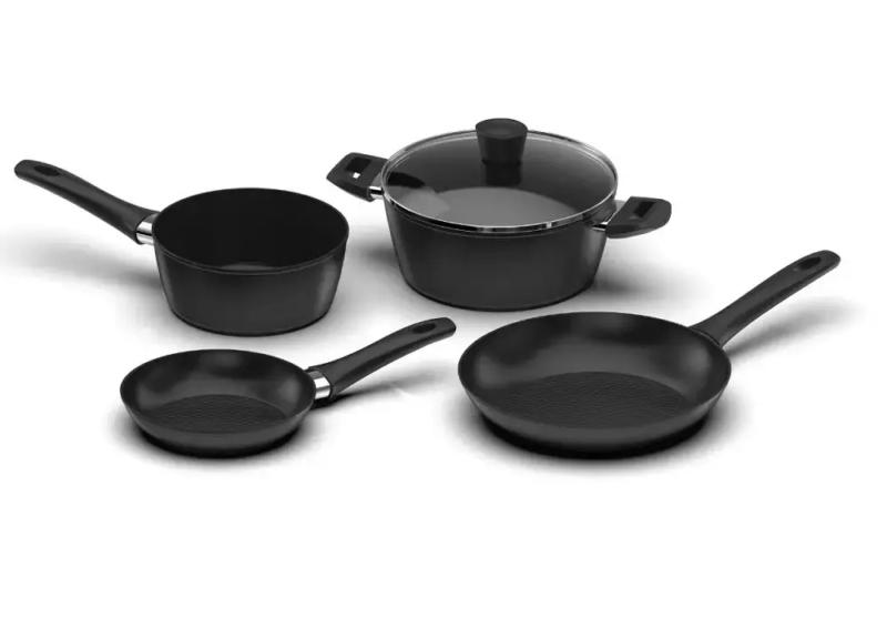 Set vase de gatit, aluminiu forjat/sticla, 5 piese, Negru