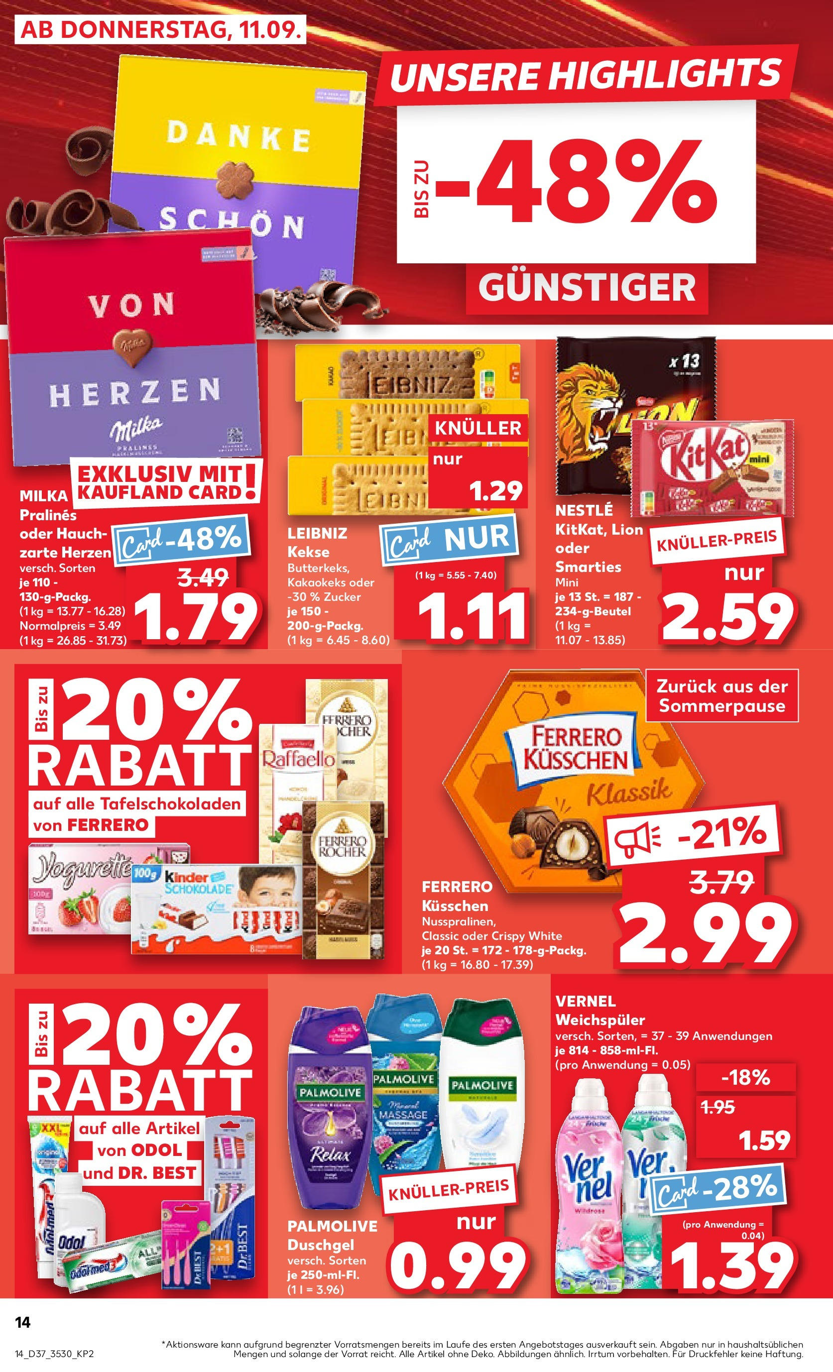 Prospekt Kaufland ab 14.09.2025 » Angebote und Werbung Online | Seite: 14 | Produkte: Raffaello, Milka, Duschgel, Vernel Prospekt Kaufland ab 14.09.2025 » Angebote Online zum Blättern | Seite: 14 | Produkte: Raffaello, Milka, Duschgel, Vernel