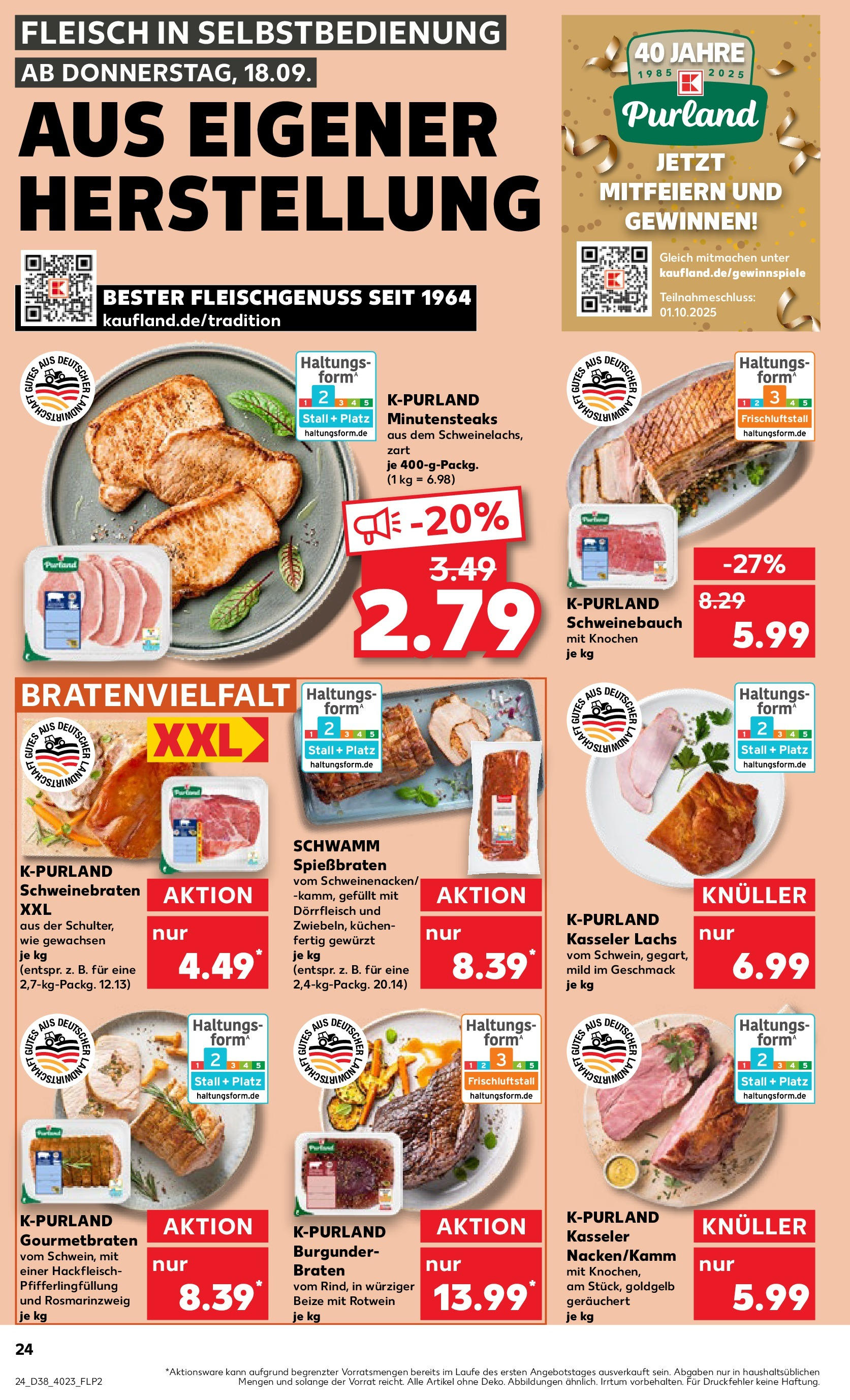 Prospekt Kaufland ab 17.09.2025 » Angebote Online zum Blättern | Seite: 24 | Produkte: Schweinebauch, Lachs, Steak, Kuchen
