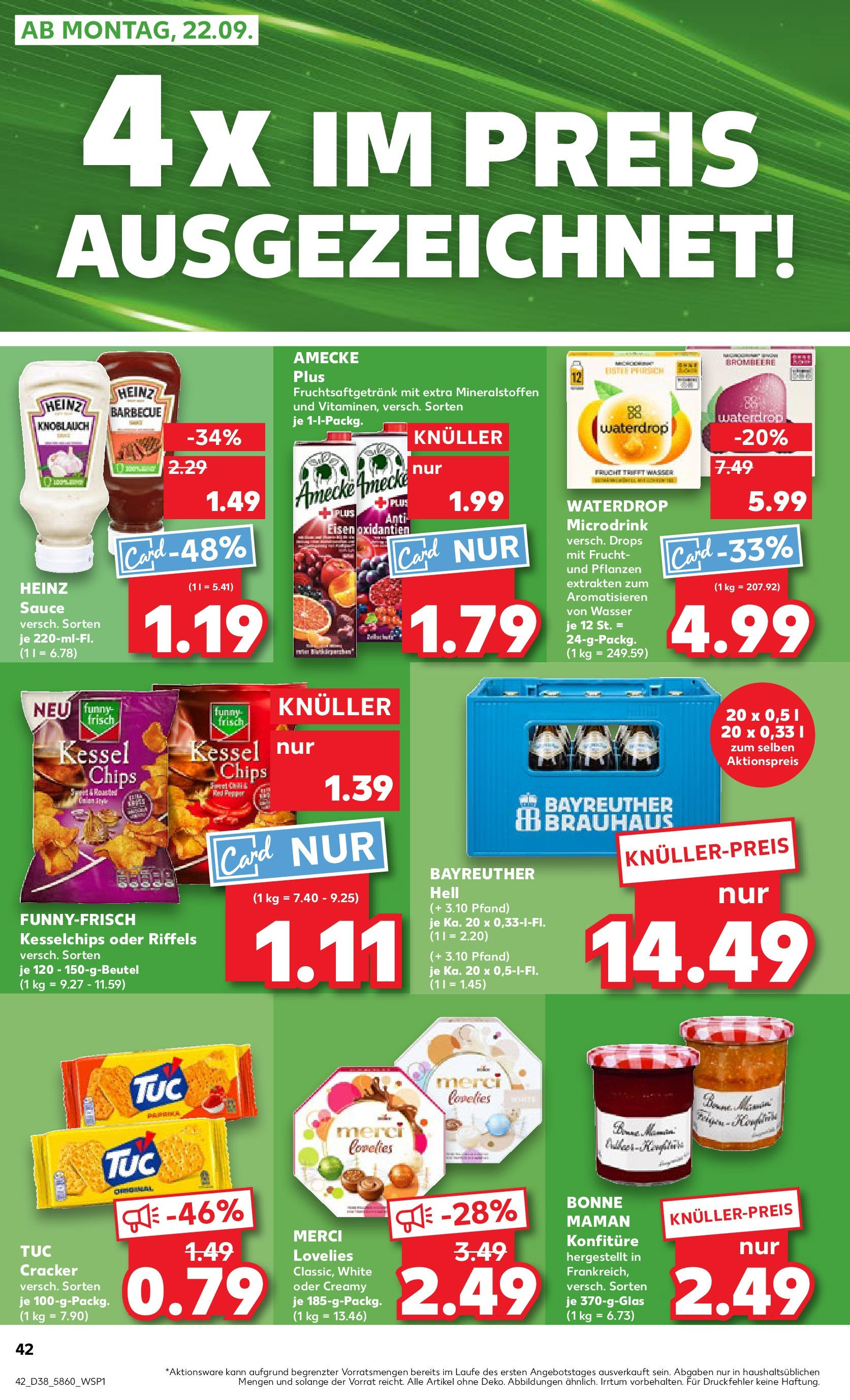 Prospekt Kaufland ab 17.09.2025 » Angebote und Werbung Online | Seite: 42 | Produkte: Bayreuther hell, Wasser, Pfirsich, Bonne maman Prospekt Kaufland ab 17.09.2025 » Angebote Online zum Blättern | Seite: 42 | Produkte: Bayreuther hell, Wasser, Pfirsich, Bonne maman