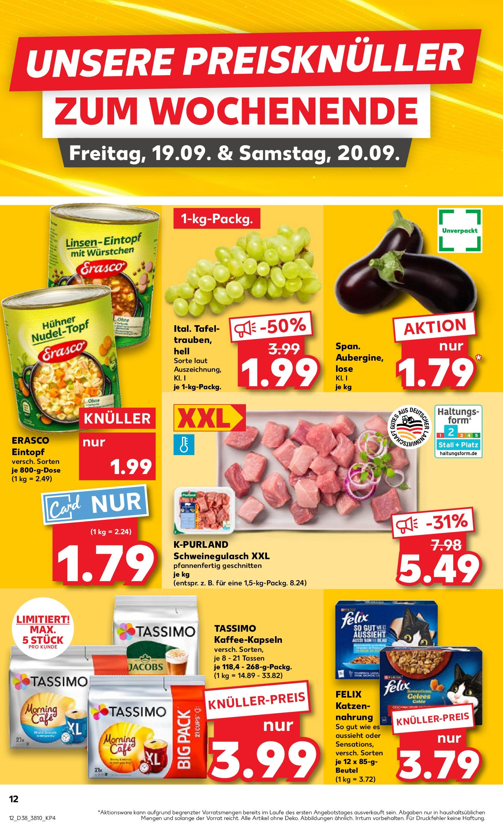 Prospekt Kaufland ab 17.09.2025 » Angebote und Werbung Online | Seite: 12 | Produkte: Schweinegulasch, Aubergine, Erasco, Tassimo Prospekt Kaufland ab 17.09.2025 » Angebote Online zum Blättern | Seite: 12 | Produkte: Schweinegulasch, Aubergine, Erasco, Tassimo