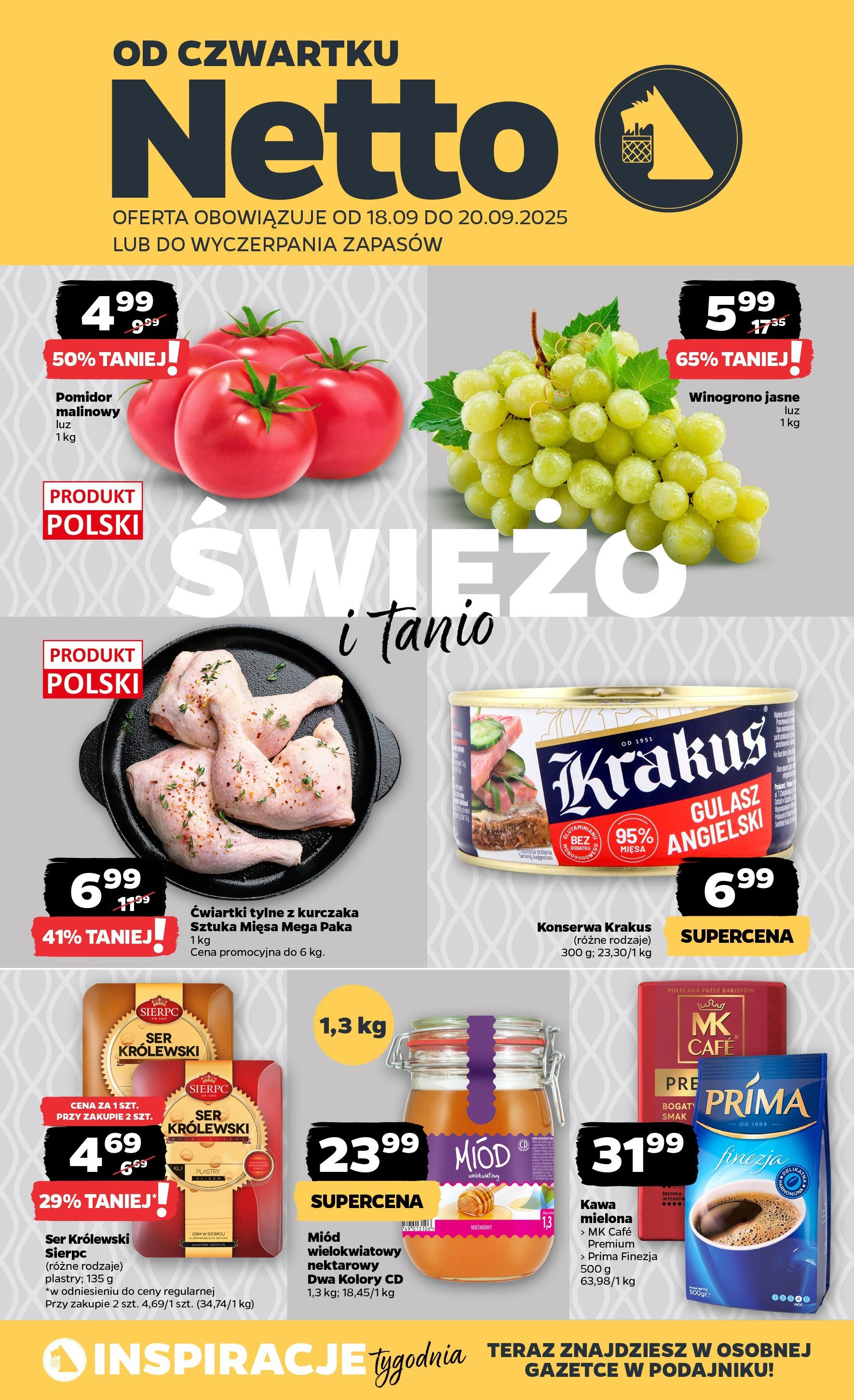 Netto gazetka - Spożywcza od 18.09.2025 - Aktualne promocje | Strona: 1 | Produkty: Winogrono, Miód, Ser, Gulasz