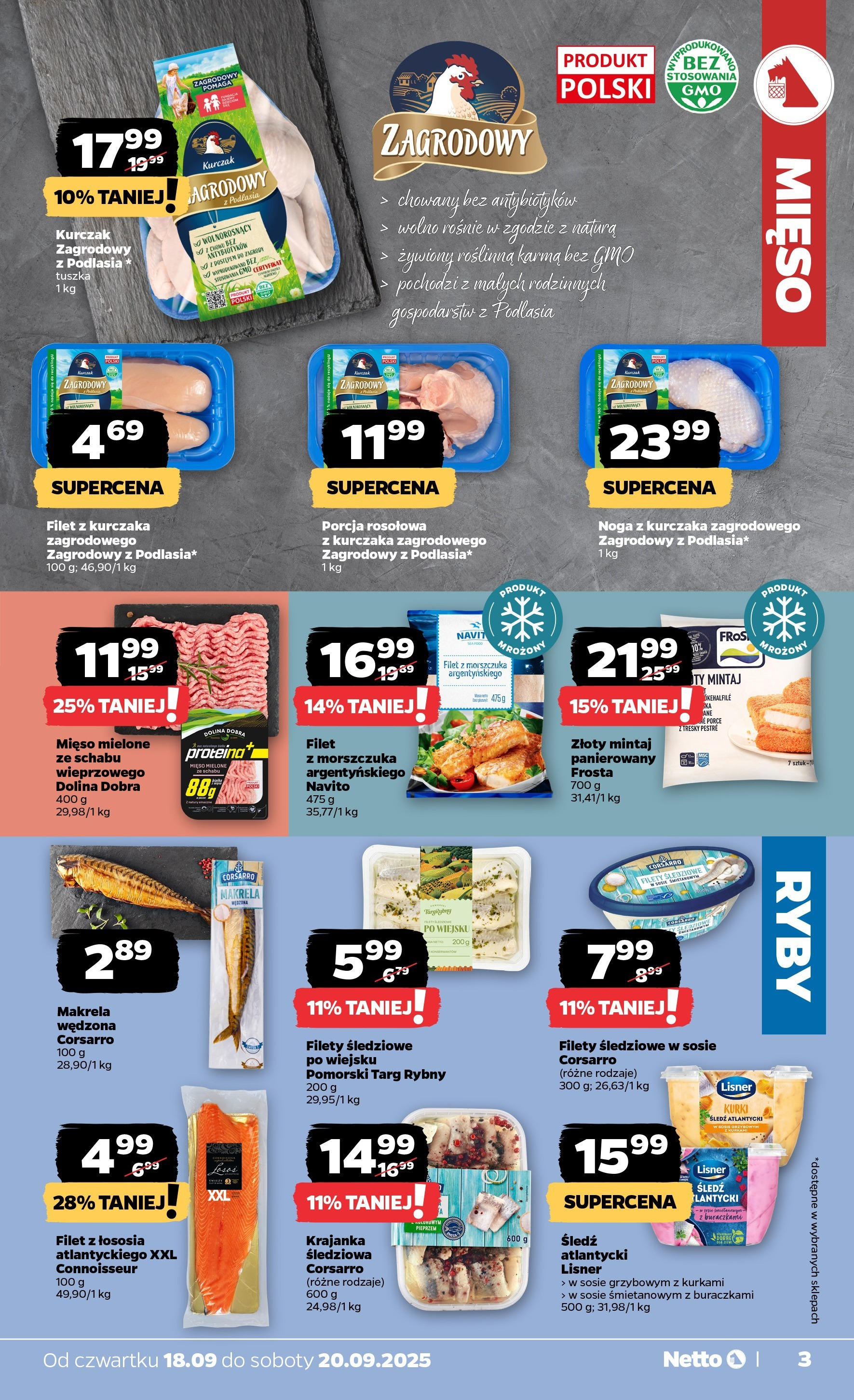 Netto gazetka - Spożywcza od 18.09.2025 - Aktualne promocje | Strona: 3 | Produkty: Śledź, Filet z kurczaka, Mięso mielone, Ryby