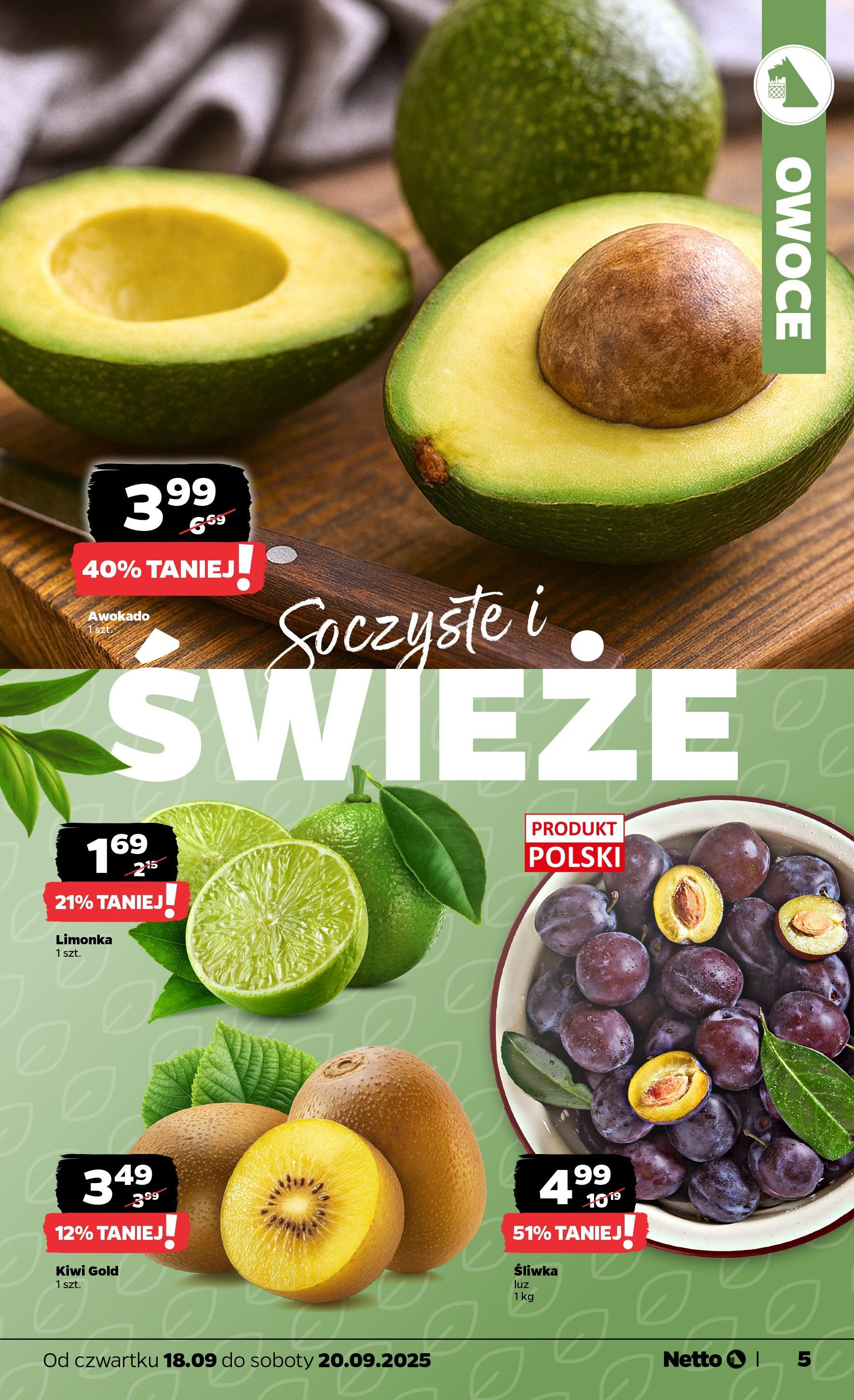 Netto gazetka - Spożywcza od 18.09.2025 - Aktualne promocje | Strona: 5 | Produkty: Limonka, Kiwi, Awokado, Owoce