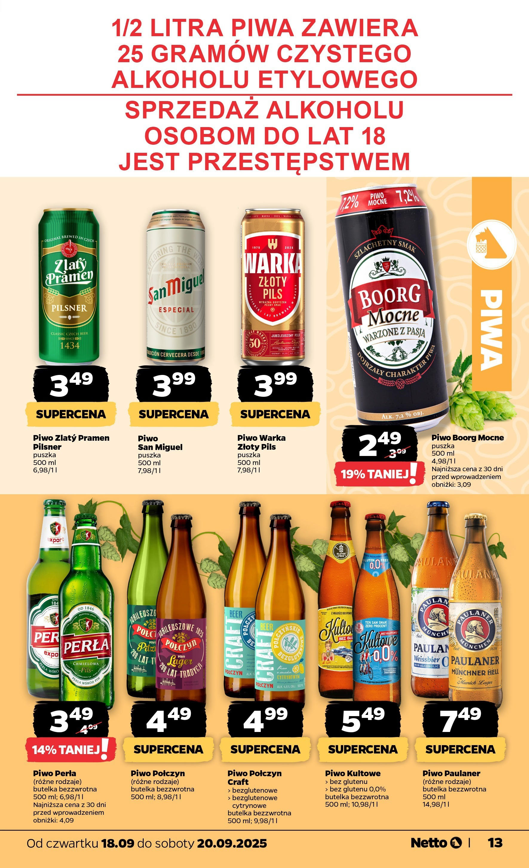 Netto gazetka - Spożywcza od 18.09.2025 - Aktualne promocje | Strona: 13 | Produkty: Piwo perła, Warka, Piwo Warka, Piwo