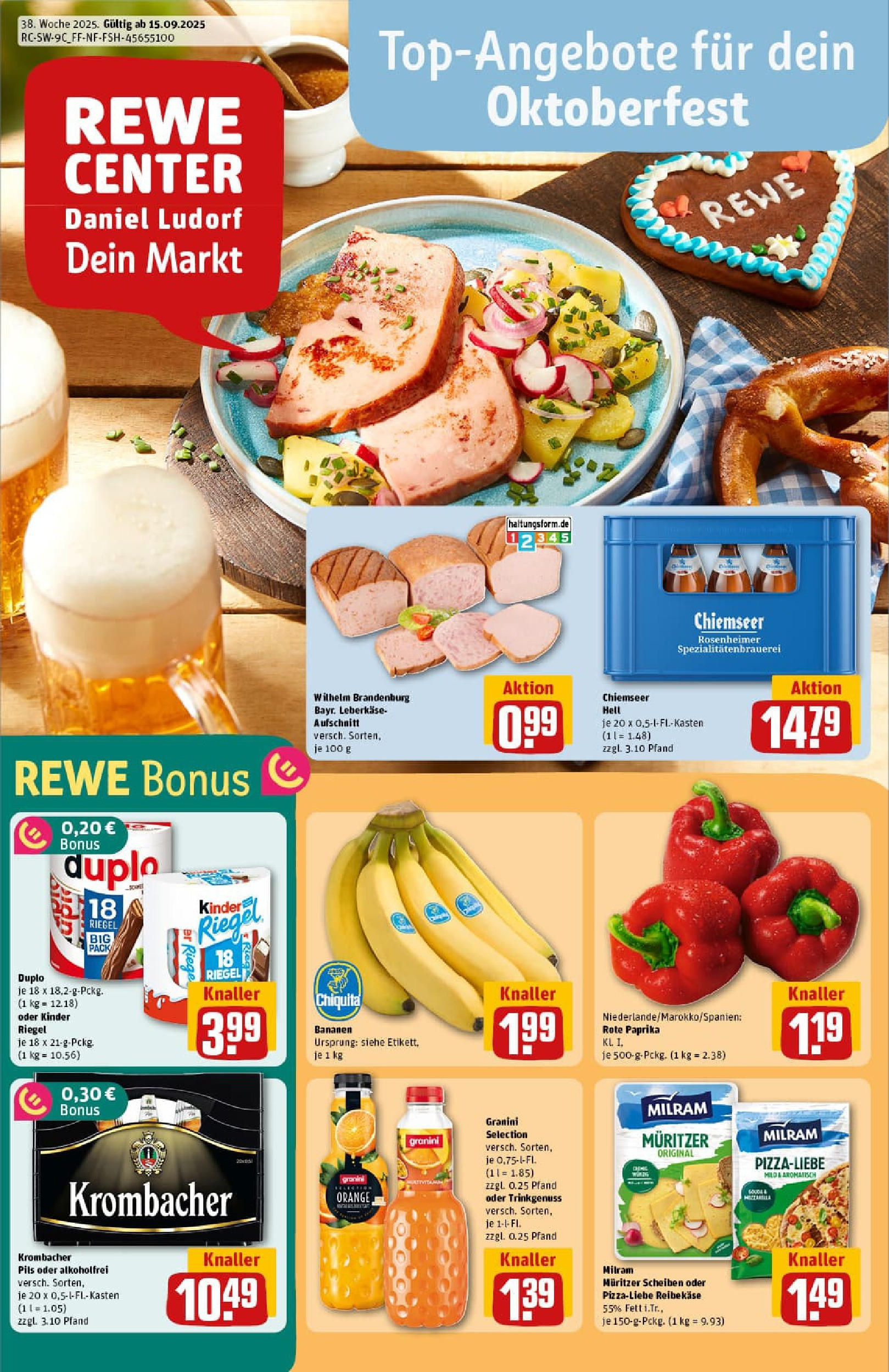 REWE Prospekt ab 14.09.2025 zum Blättern » Angebote | Seite: 1 | Produkte: Kinder riegel, Milram, Duplo riegel, Leberkase