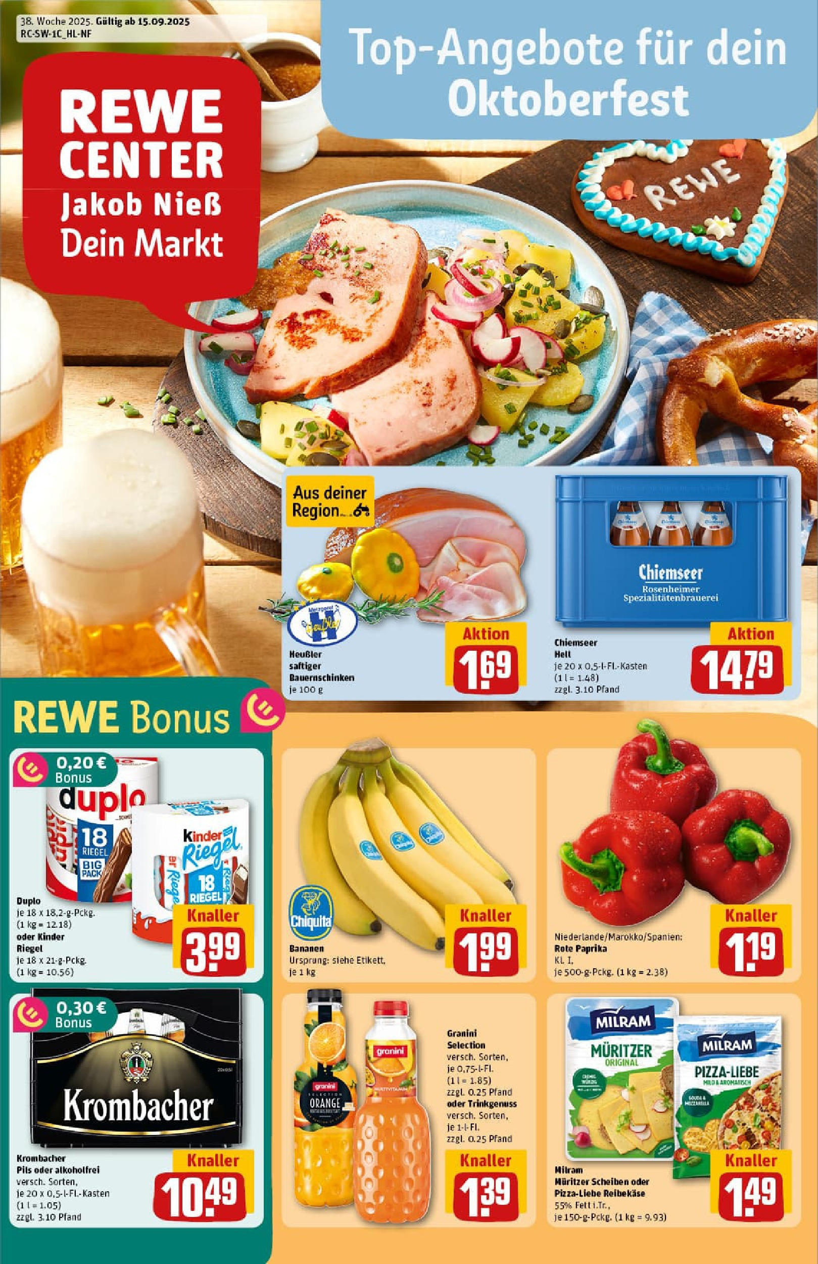 REWE Prospekt ab 14.09.2025 zum Blättern » Angebote | Seite: 1 | Produkte: Bananen, Kinder riegel, Duplo riegel, Reibekase