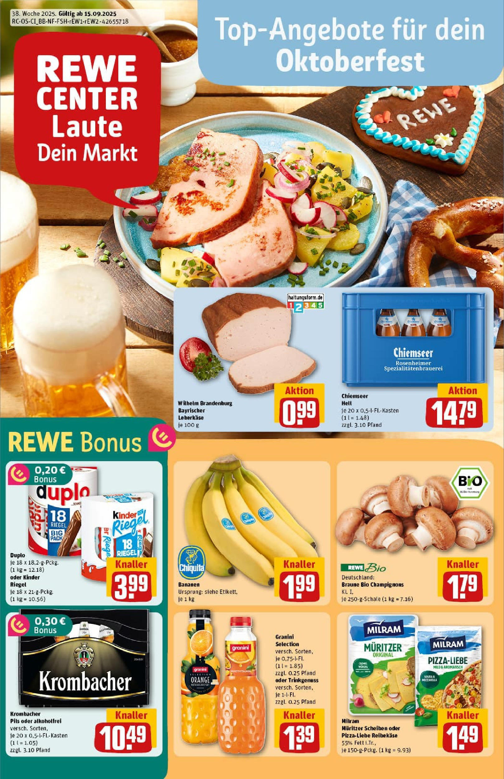 REWE Prospekt ab 14.09.2025 zum Blättern » Angebote | Seite: 1 | Produkte: Bananen, Kinder riegel, Granini, Duplo riegel REWE Prospekt ab 14.09.2025 zum Blättern » Angebote | Seite: 1 | Produkte: Bananen, Kinder riegel, Granini, Duplo riegel