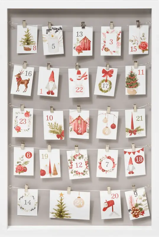 Paradies Adventskalender Bilderrahmen 60x40cm, weiß mit 24 Clips