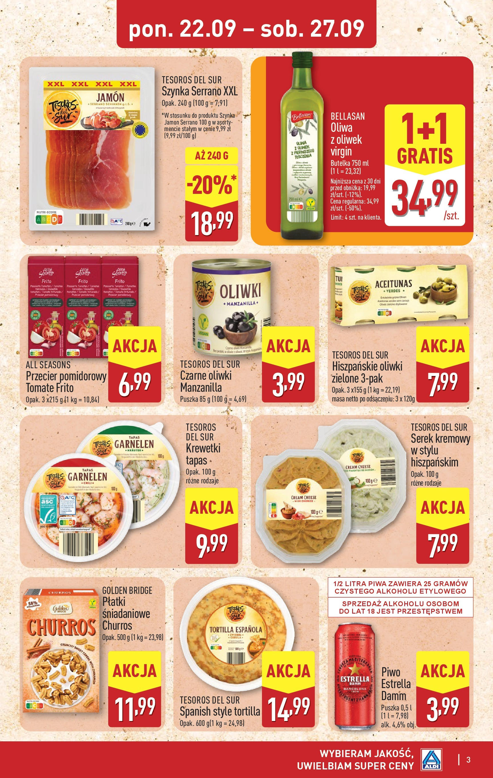Aldi Gazetka - Smakowita podróz do Hiszpanii od 22.09.2025 | Nowa PDF gazetka | Strona: 3 | Produkty: Serek, Tortilla, Piwo, Płatki Aldi Gazetka - Smakowita podróz do Hiszpanii od 22.09.2025 - Ulotka PDF, promocje | Strona: 3 | Produkty: Serek, Tortilla, Piwo, Płatki