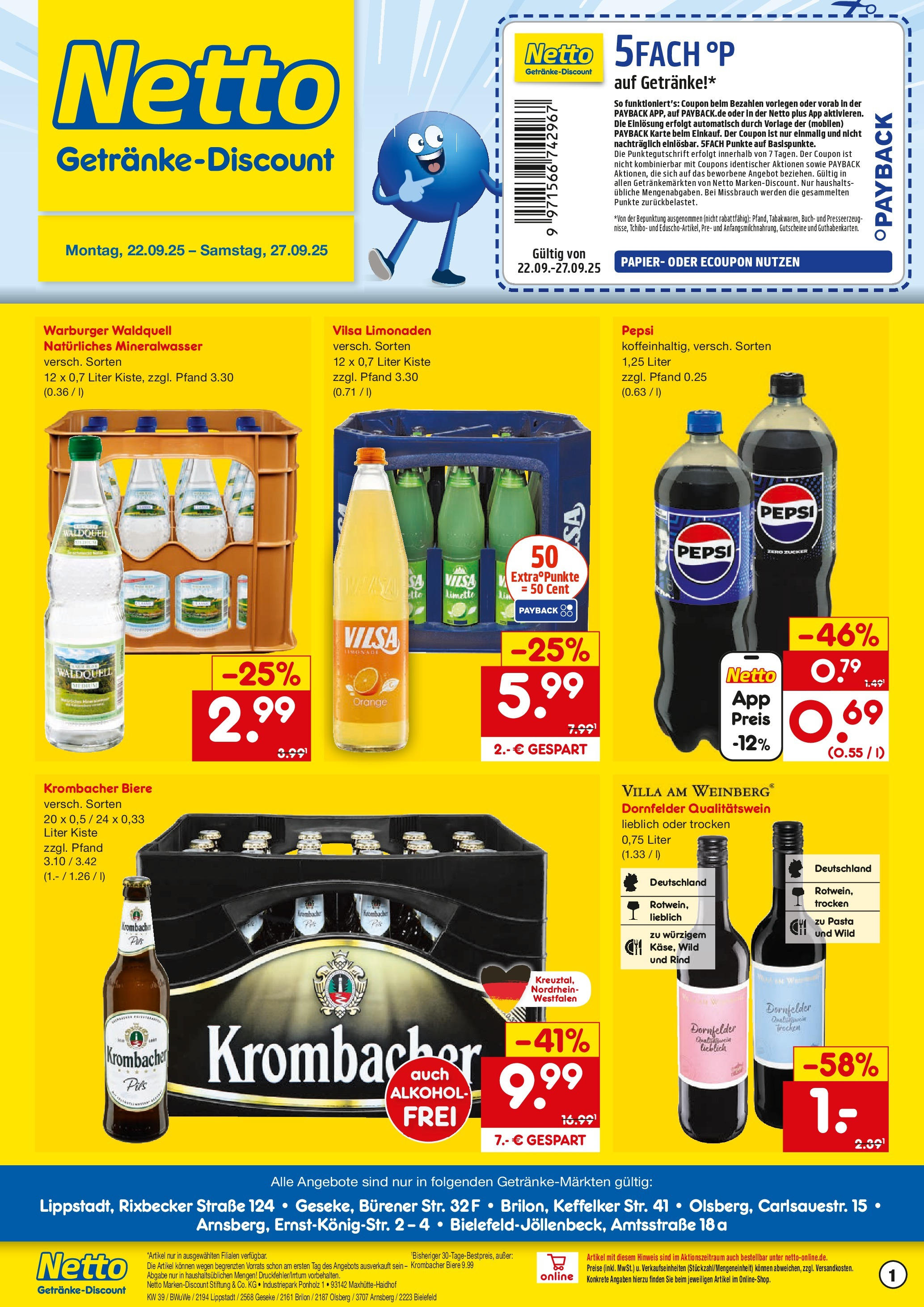 Netto Marken-Discount prospekt Geseke	 (ab 22.09.2025) » Angebote | Seite: 1 | Produkte: Pils, Mineralwasser, Krombacher, Pasta