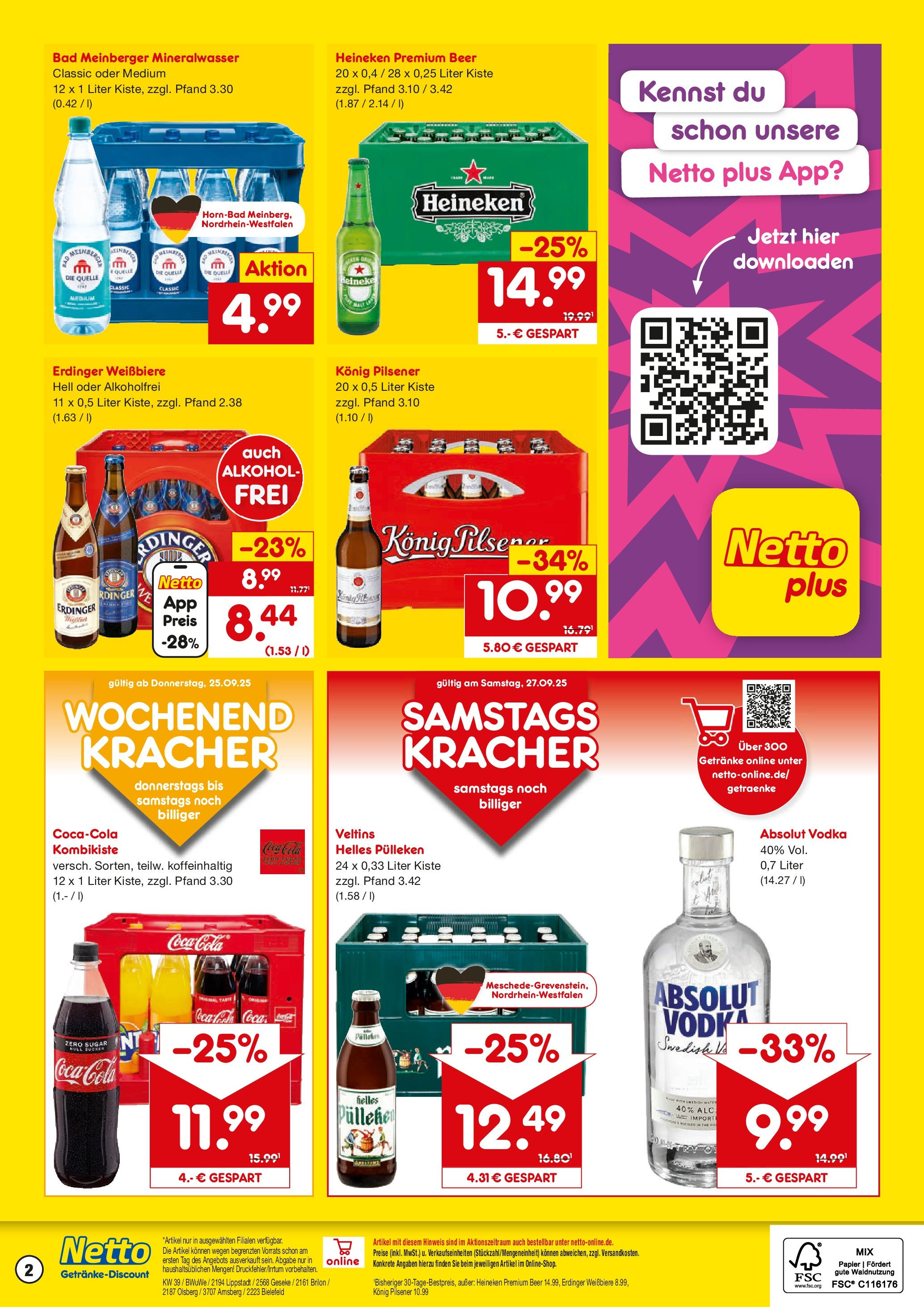 Netto Marken-Discount prospekt Geseke	 (ab 22.09.2025) » Angebote | Seite: 2 | Produkte: Helles pulleken, Konig pilsener, Heineken, Vodka