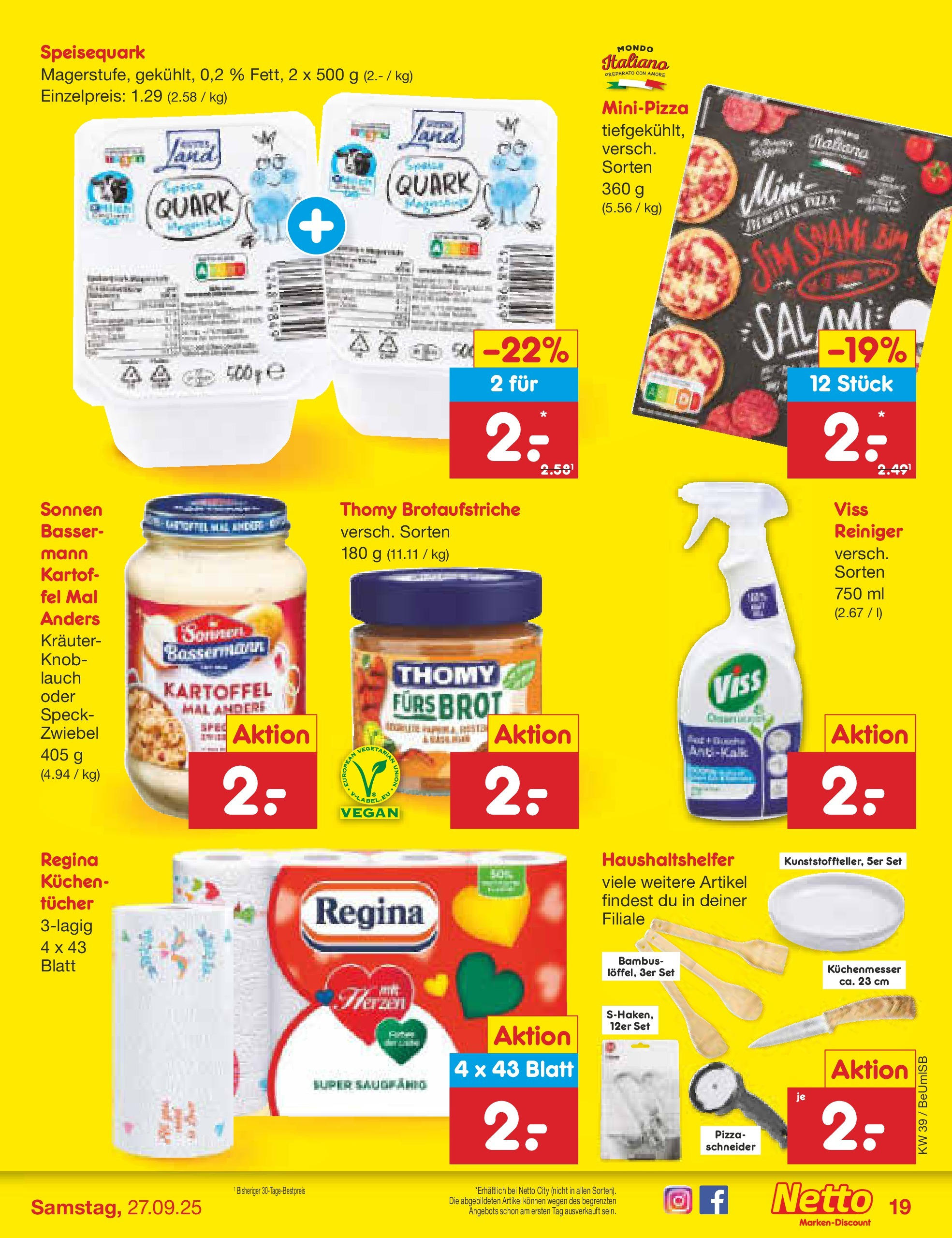 Netto Marken-Discount prospekt Kremmen	 (ab 22.09.2025) » Angebote | Seite: 19 | Produkte: Quark, Brot, Salami, Speisequark