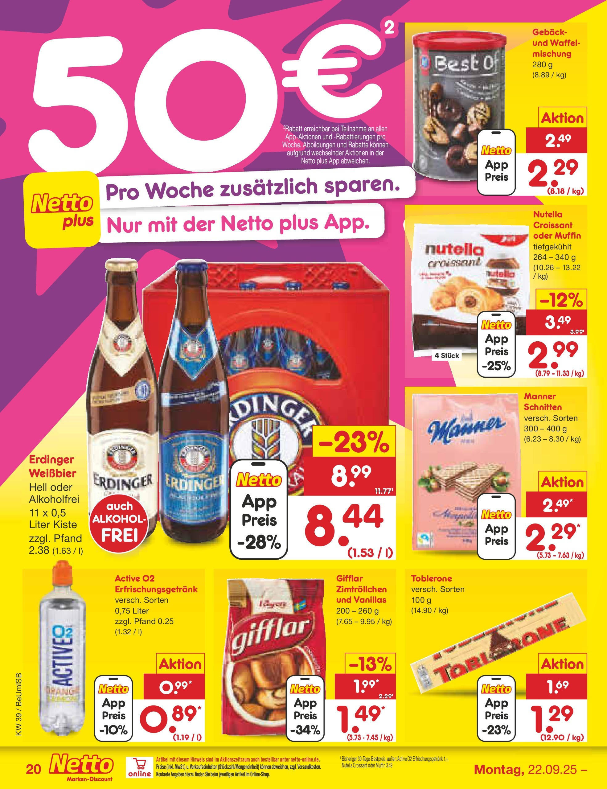 Netto Marken-Discount prospekt Kremmen	 (ab 22.09.2025) » Angebote | Seite: 20 | Produkte: Erdinger, Weißbier, Croissant, Nutella