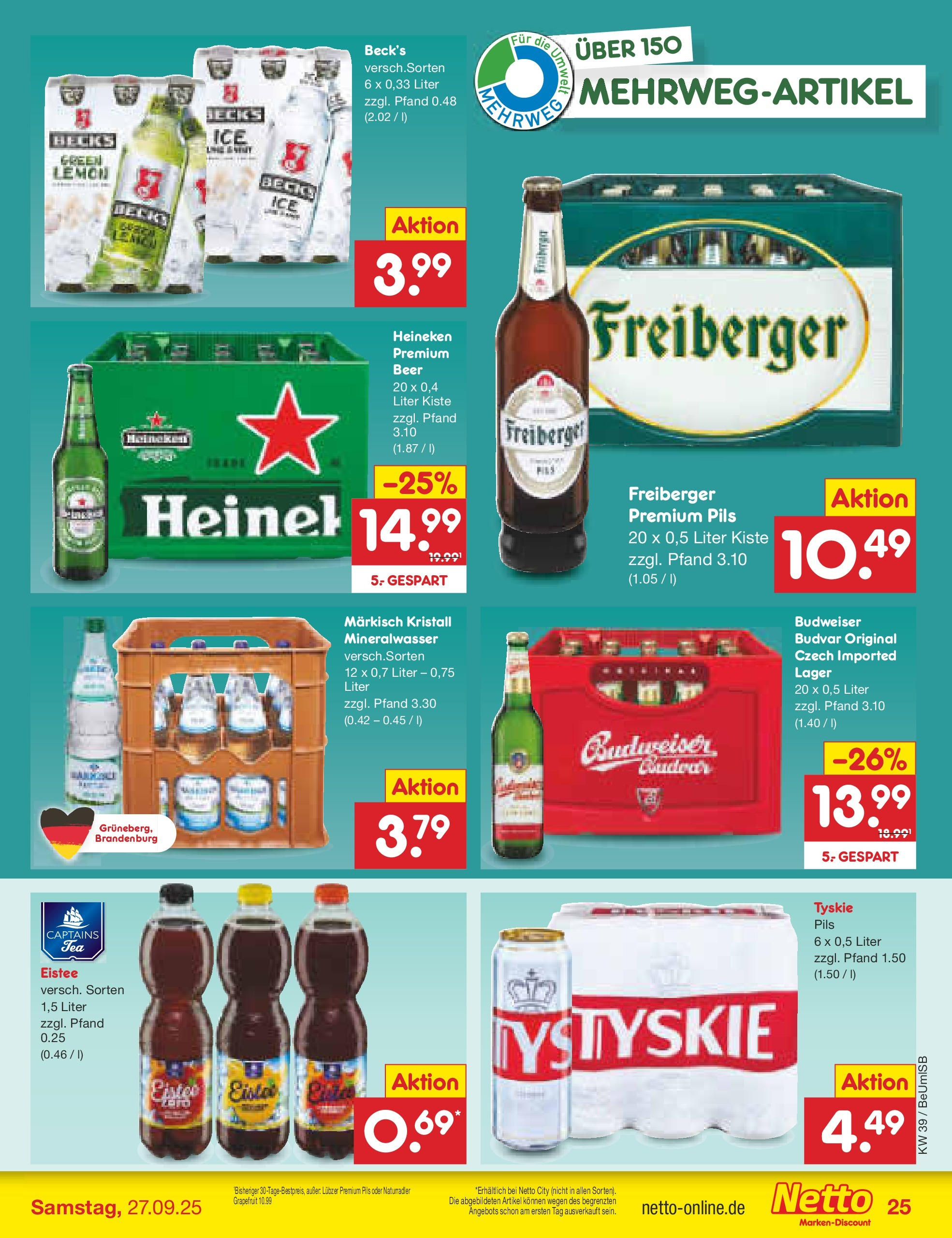 Netto Marken-Discount prospekt Kremmen	 (ab 22.09.2025) » Angebote | Seite: 25 | Produkte: Tyskie, Mineralwasser, Heineken, Grapefruit
