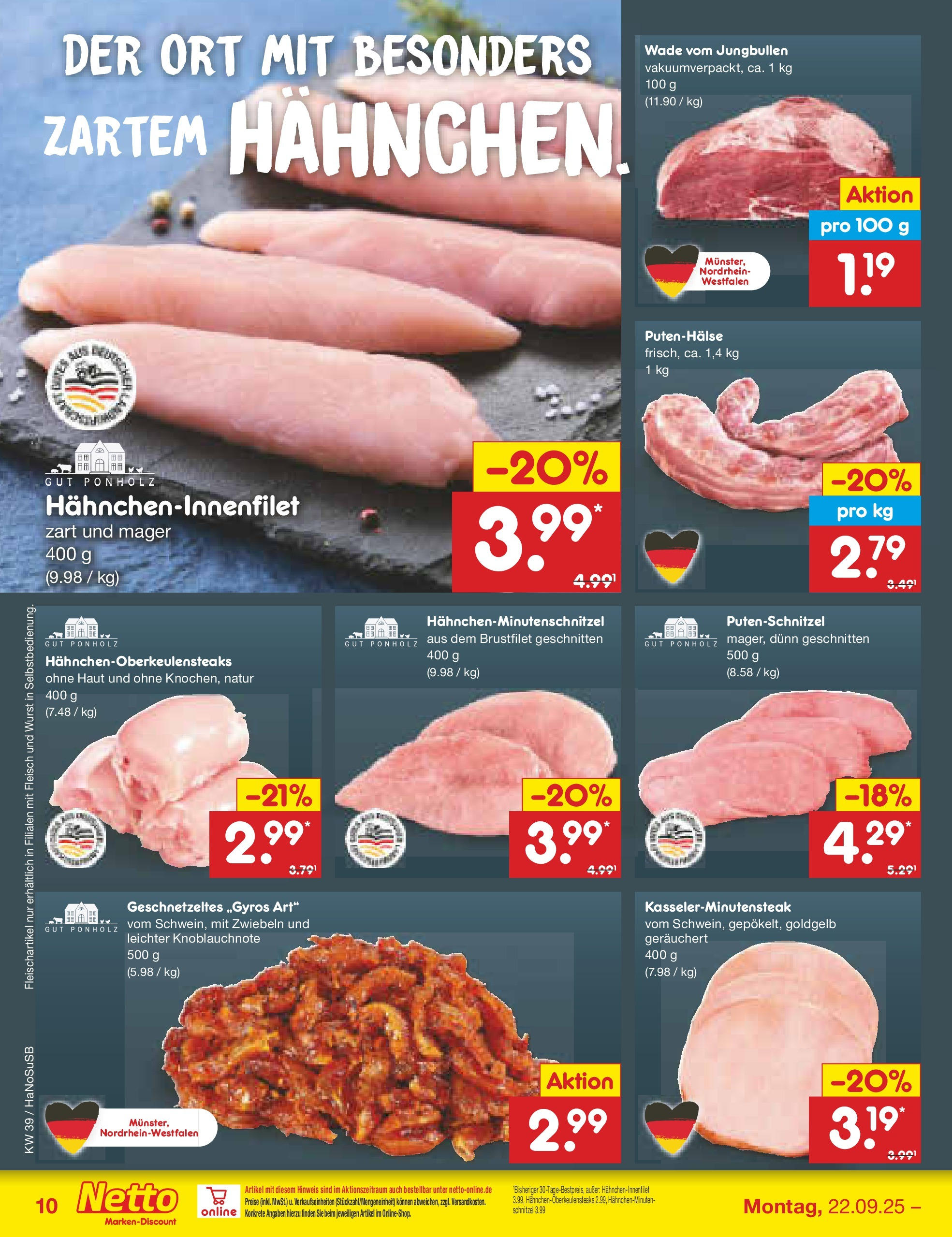 Netto Marken-Discount prospekt Schwerte-Geisecke	 (ab 22.09.2025) » Angebote | Seite: 9 | Produkte: Hahnchen, Schnitzel, Wurst, Fleisch