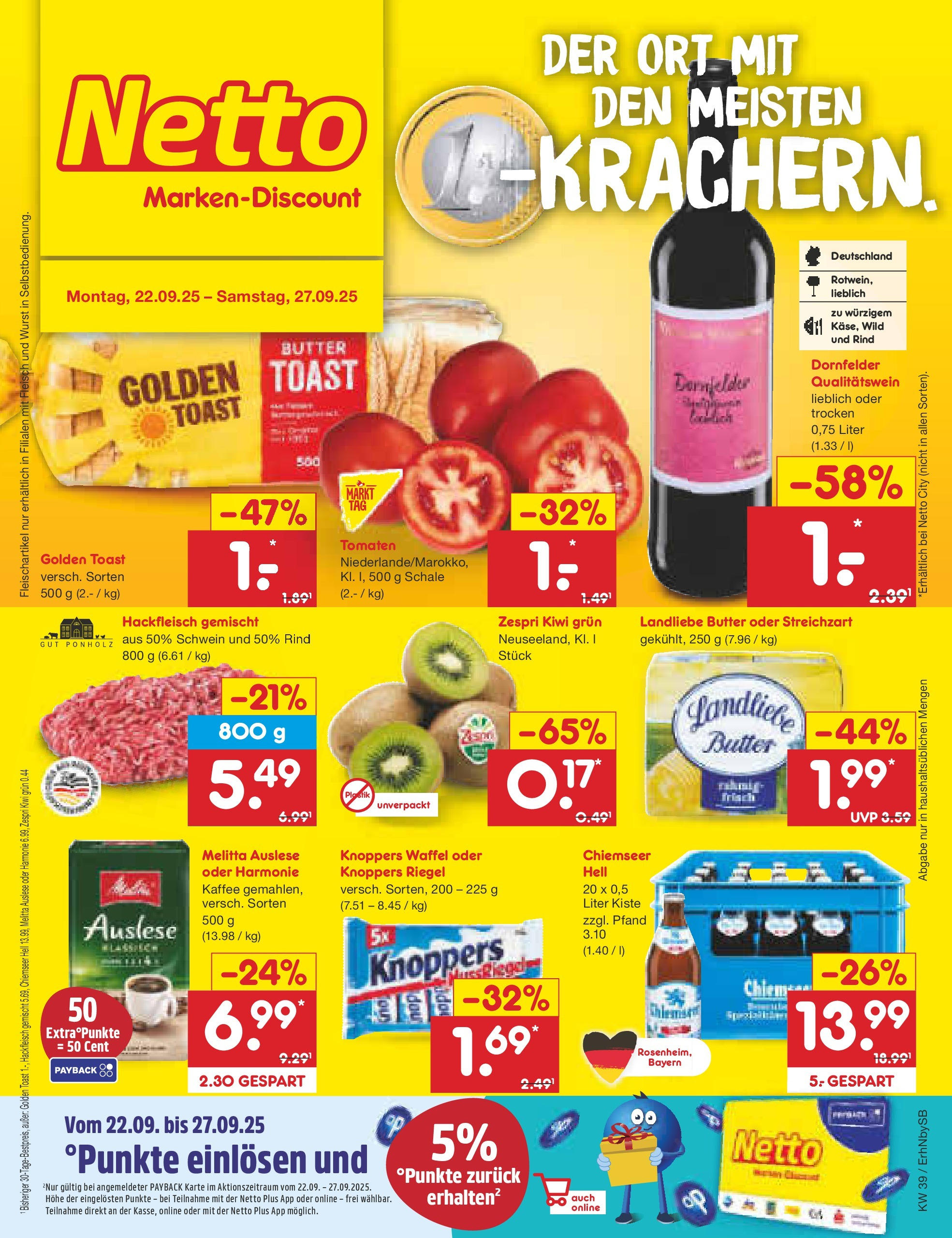 Netto Marken-Discount prospekt Metten	 (ab 22.09.2025) » Angebote | Seite: 1 | Produkte: Toast, Tomaten, Wurst, Knoppers
