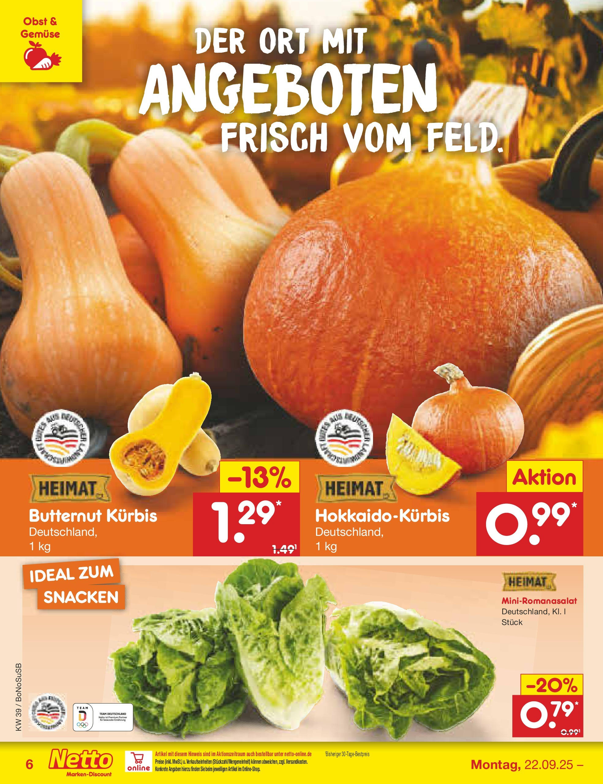 Netto Marken-Discount prospekt Herne	 (ab 22.09.2025) » Angebote | Seite: 6 | Produkte: Gemüse, Obst, Kürbis