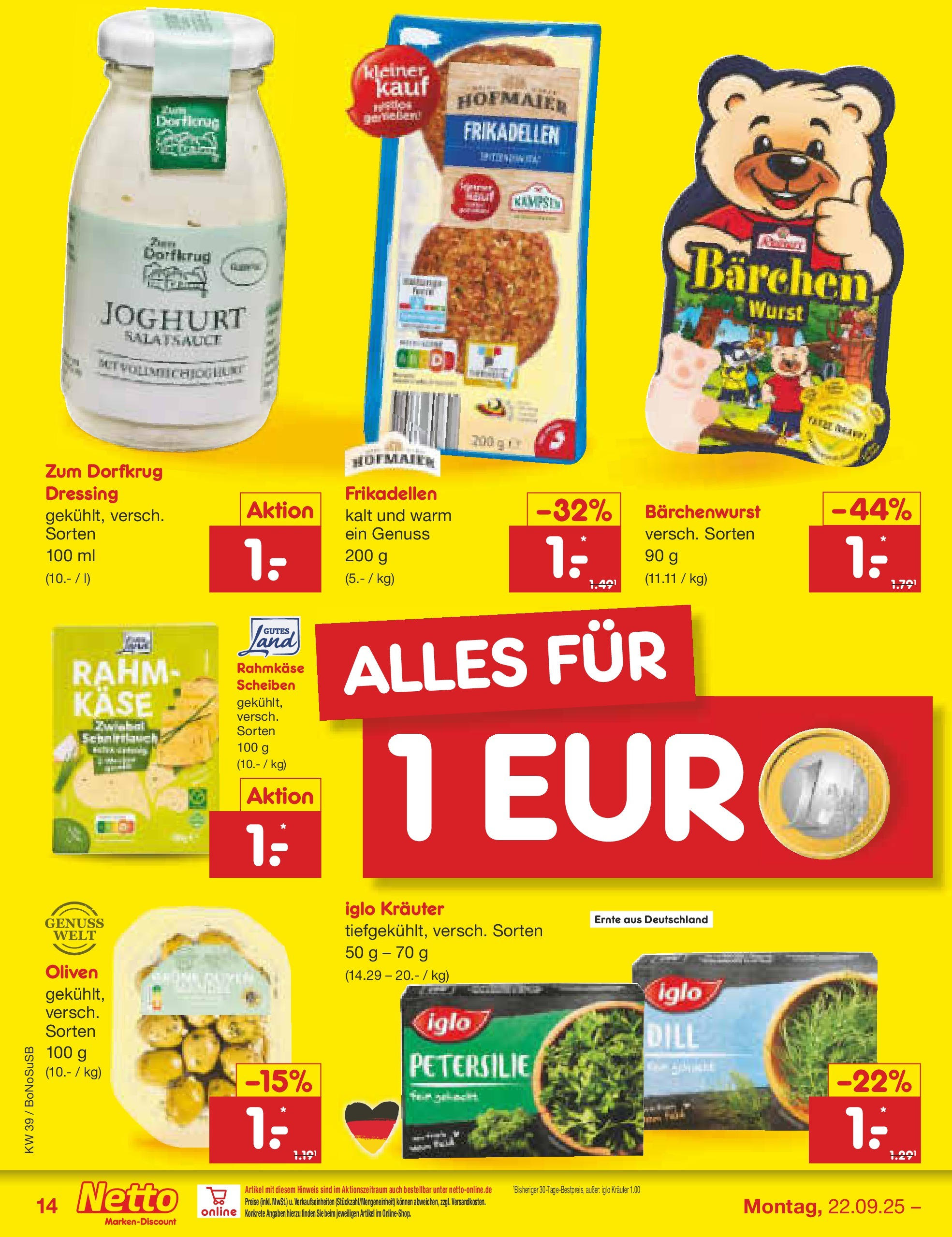 Netto Marken-Discount prospekt Herne	 (ab 22.09.2025) » Angebote | Seite: 14 | Produkte: Käse, Iglo, Petersilie, Dill