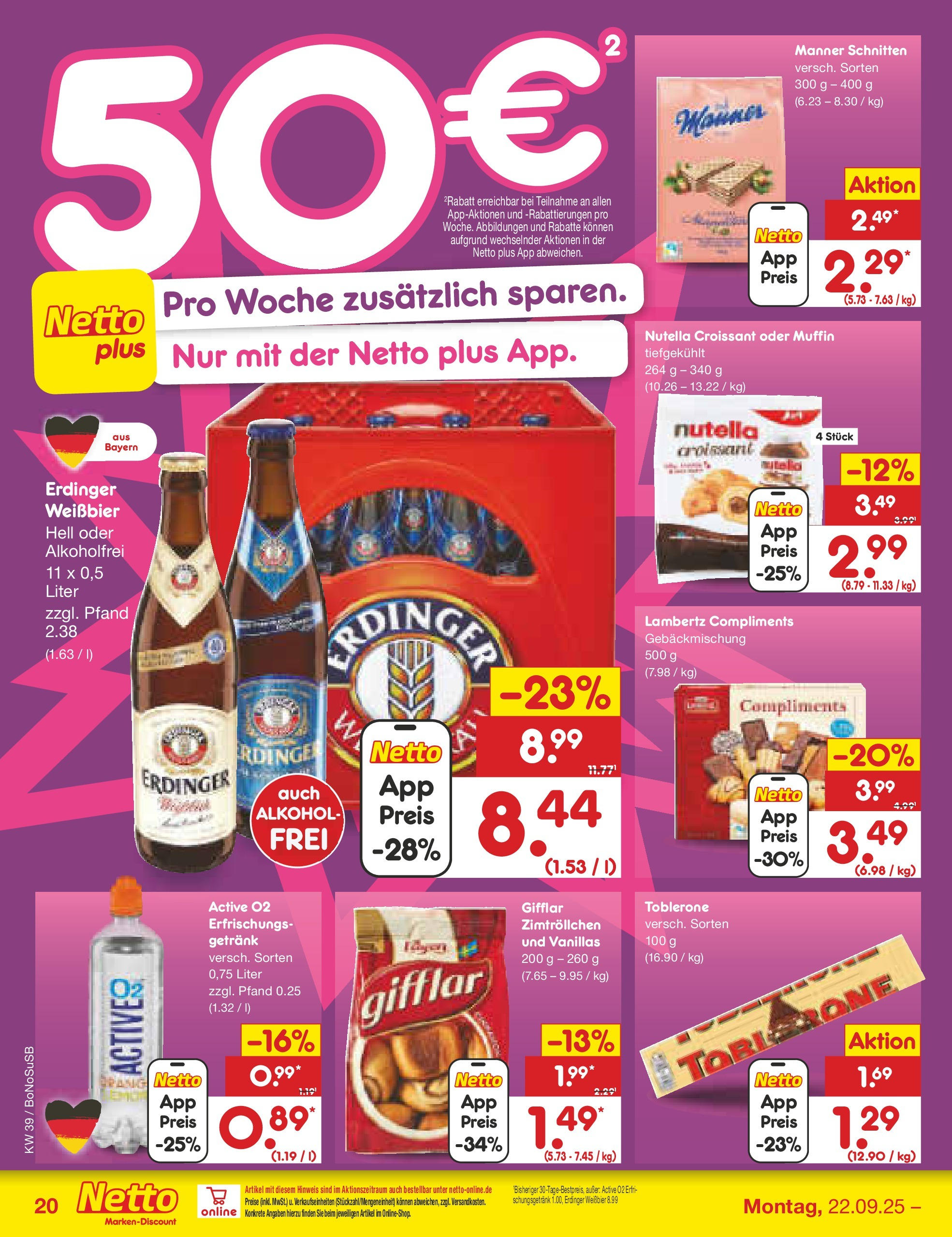 Netto Marken-Discount prospekt Herne	 (ab 22.09.2025) » Angebote | Seite: 20 | Produkte: Erdinger, Weißbier, Croissant, Nutella