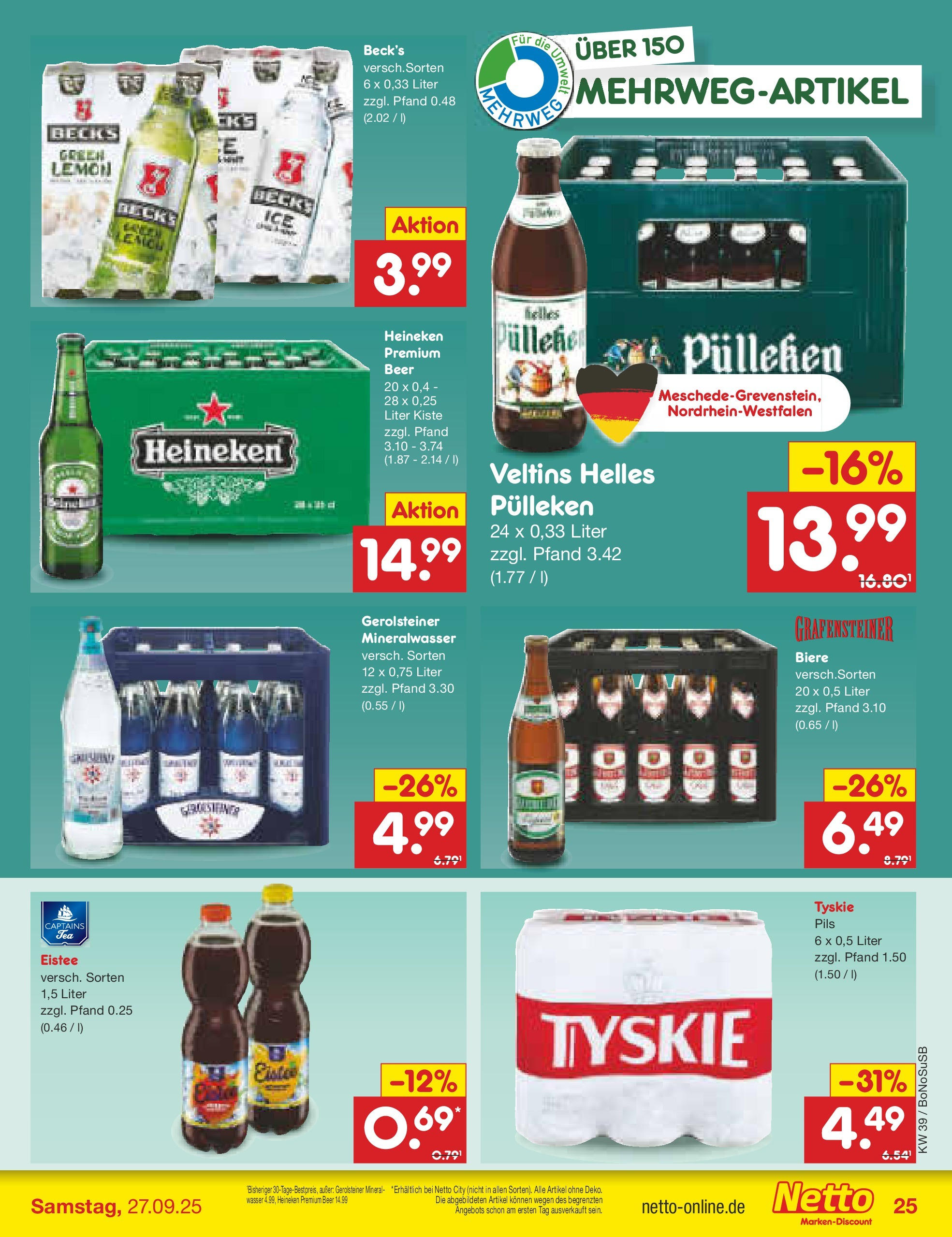 Netto Marken-Discount prospekt Herne	 (ab 22.09.2025) » Angebote | Seite: 25 | Produkte: Mineralwasser, Wasser, Veltins, Gerolsteiner