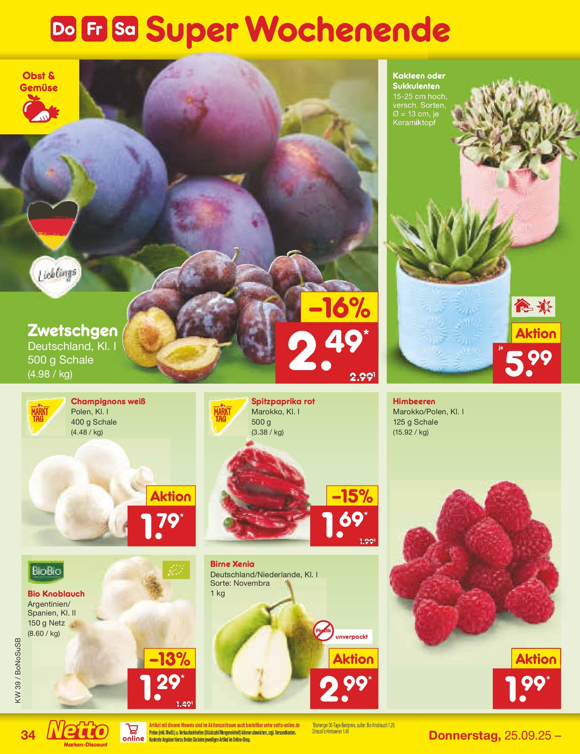 Netto Marken-Discount prospekt Herne	 (ab 22.09.2025) » Angebote | Seite: 34 | Produkte: Himbeeren, Zwetschgen, Knoblauch, Birne